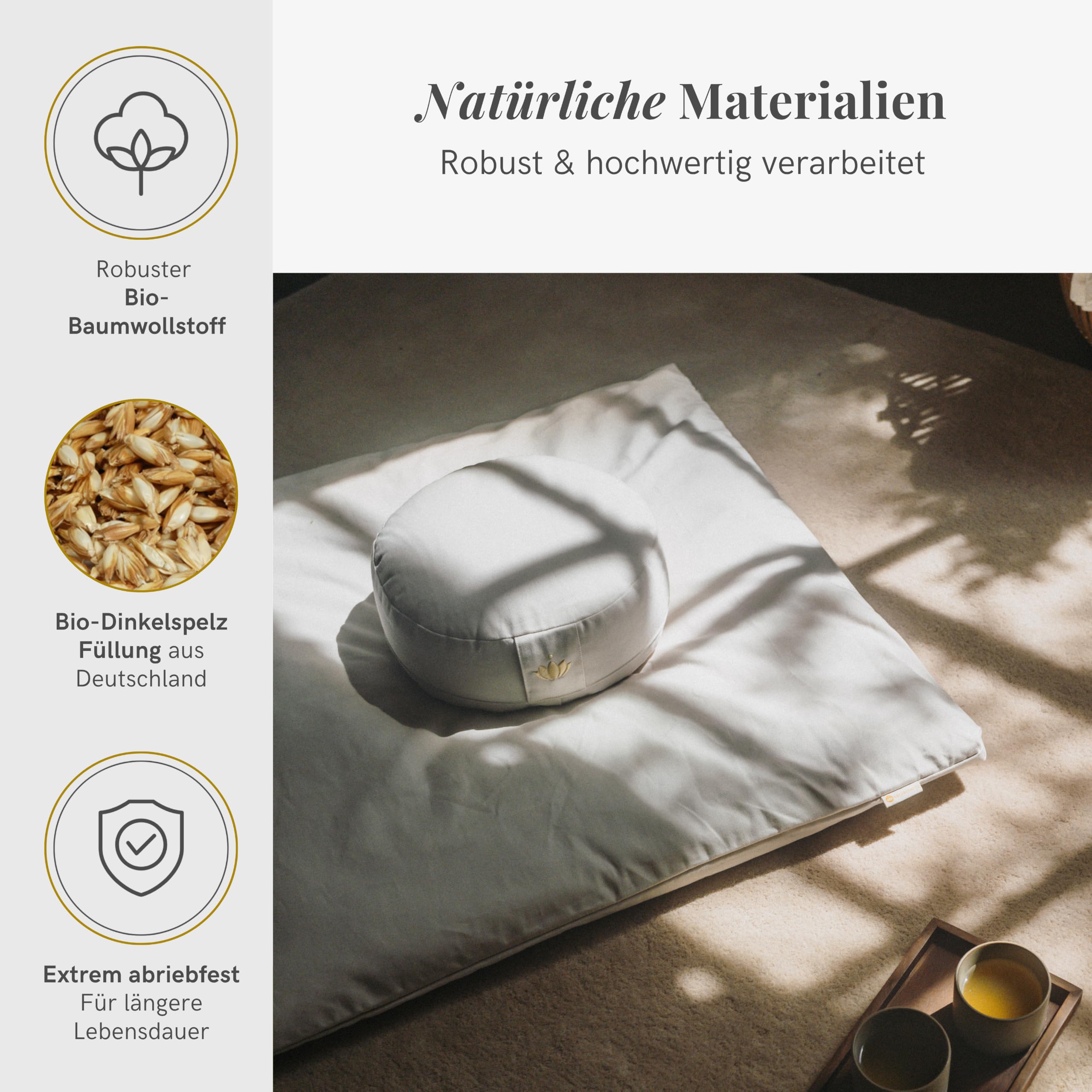 Lotuscrafts® Meditationskissen mit 10 cm Sitzhöhe, extra niedrig, Yoga Kissen mit Dinkelfüllung, Yogakissen Rund, Bodenkissen Rund, Yogakissen Meditationskissen, Bezug waschbar, GOTS Zertifiziert