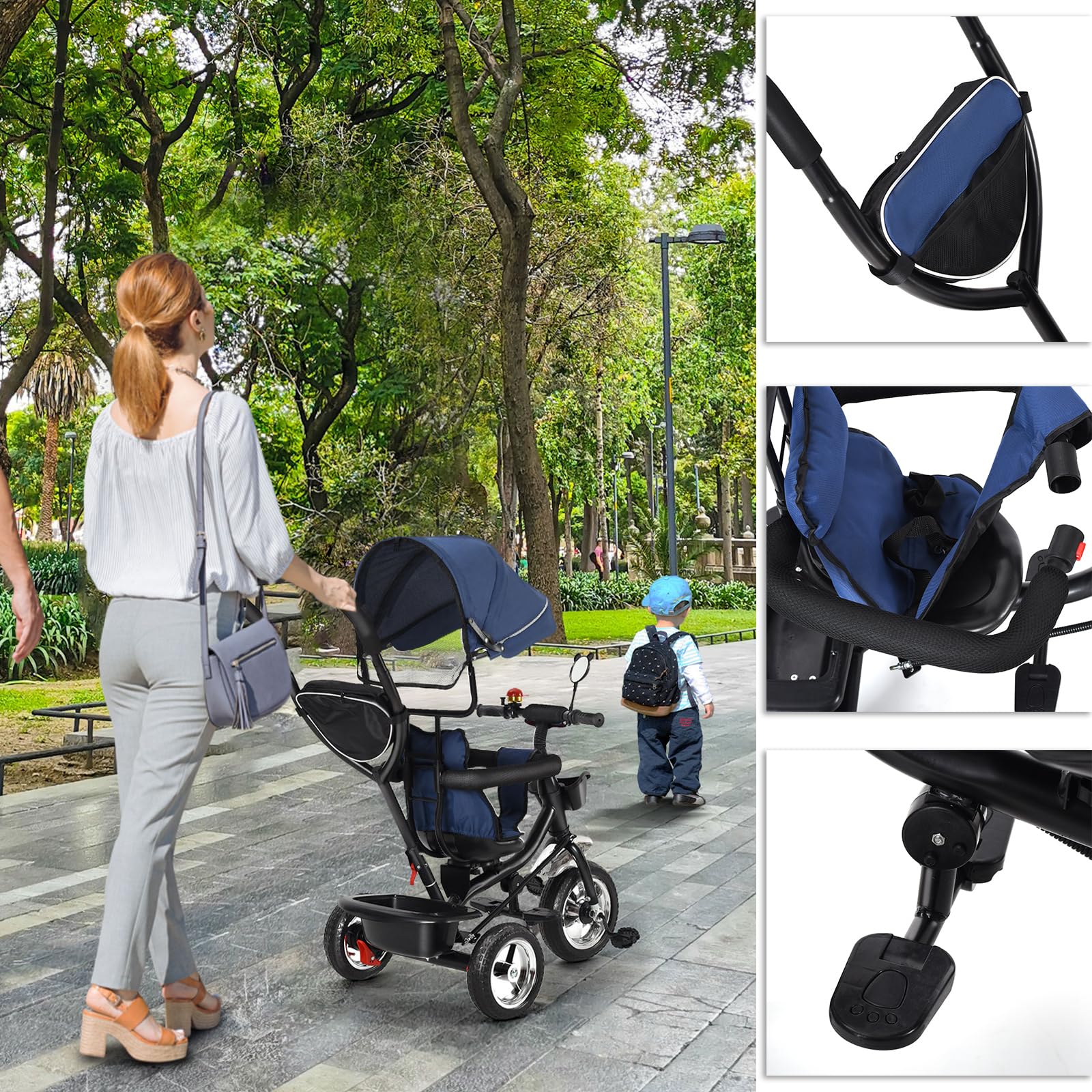 Tricycle Enfant de 9 Mois jusqu'à 25 kg, Porte-gobelet,avec Tige de Poussée Réglable en Hauteur, Siège Rotatif d'avant en Arrière, Auvent Rabattable,4 en 1 (Bleu foncé)