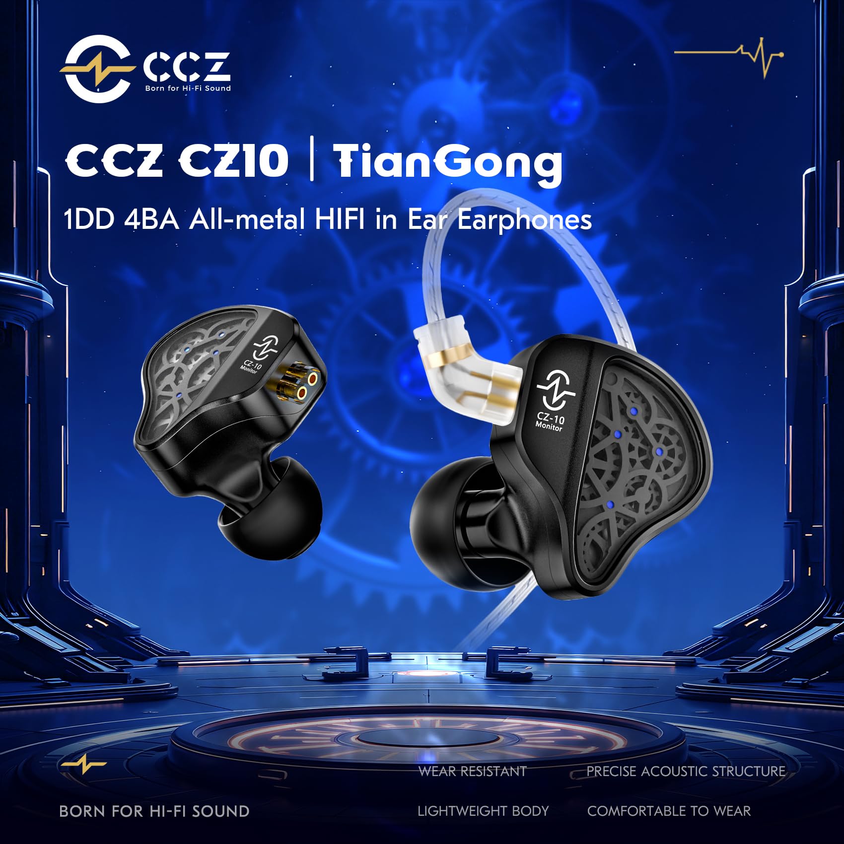 Yinyoo CCZ CZ10 IEMs Gaming con micrófono 4BA+1DD en el oído Monitor HiFi Auriculares con cable con doble imán PET de 10 mm Controlador dinámico Auriculares para juegos con cable desmontable de 2