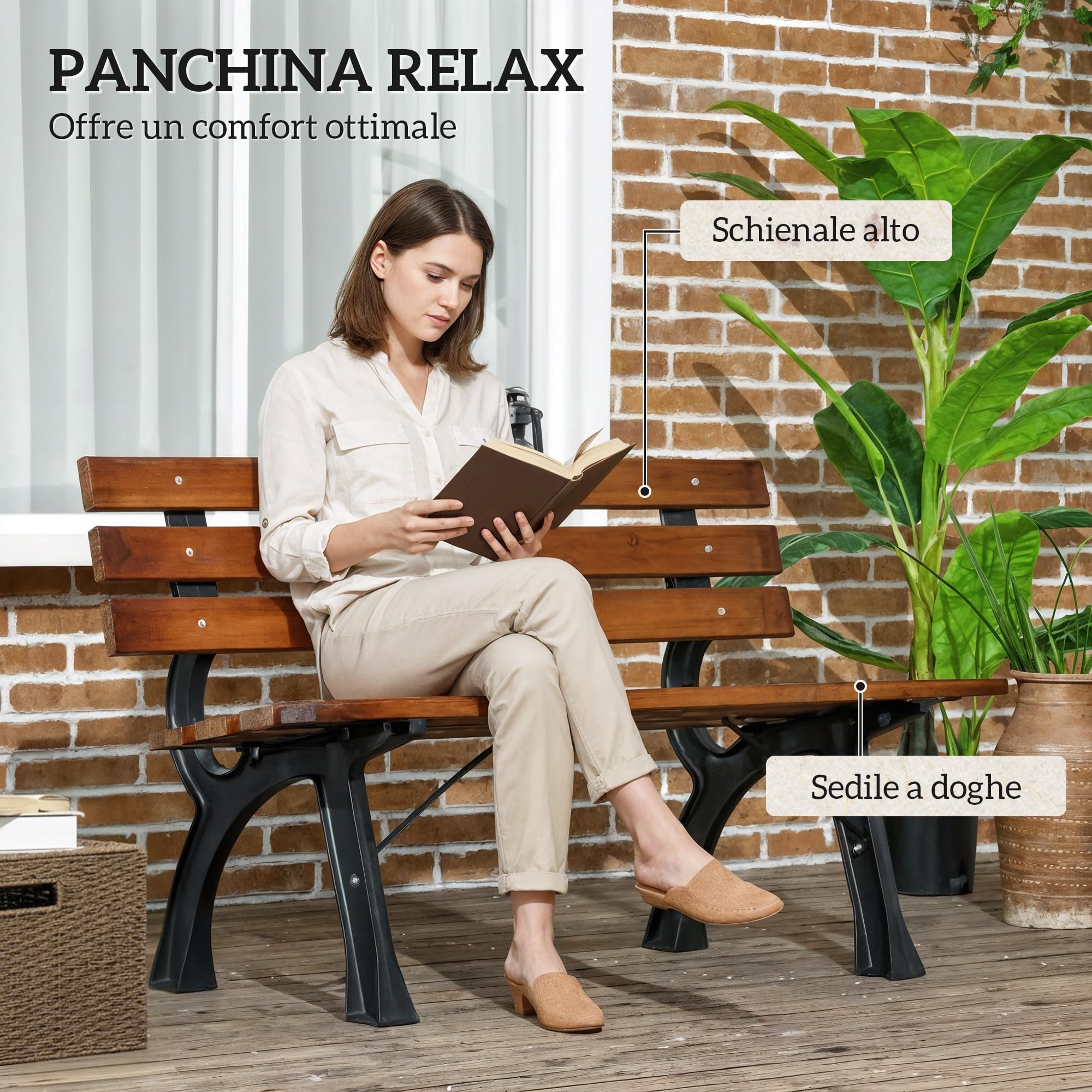 Outsunny Panchina da Giardino da 2 Posti, Panchina da Esterno a Doghe in Ghisa e Legno di Abete, Panca per Terrazza e Cortile, 120x57x70 cm, Caffè