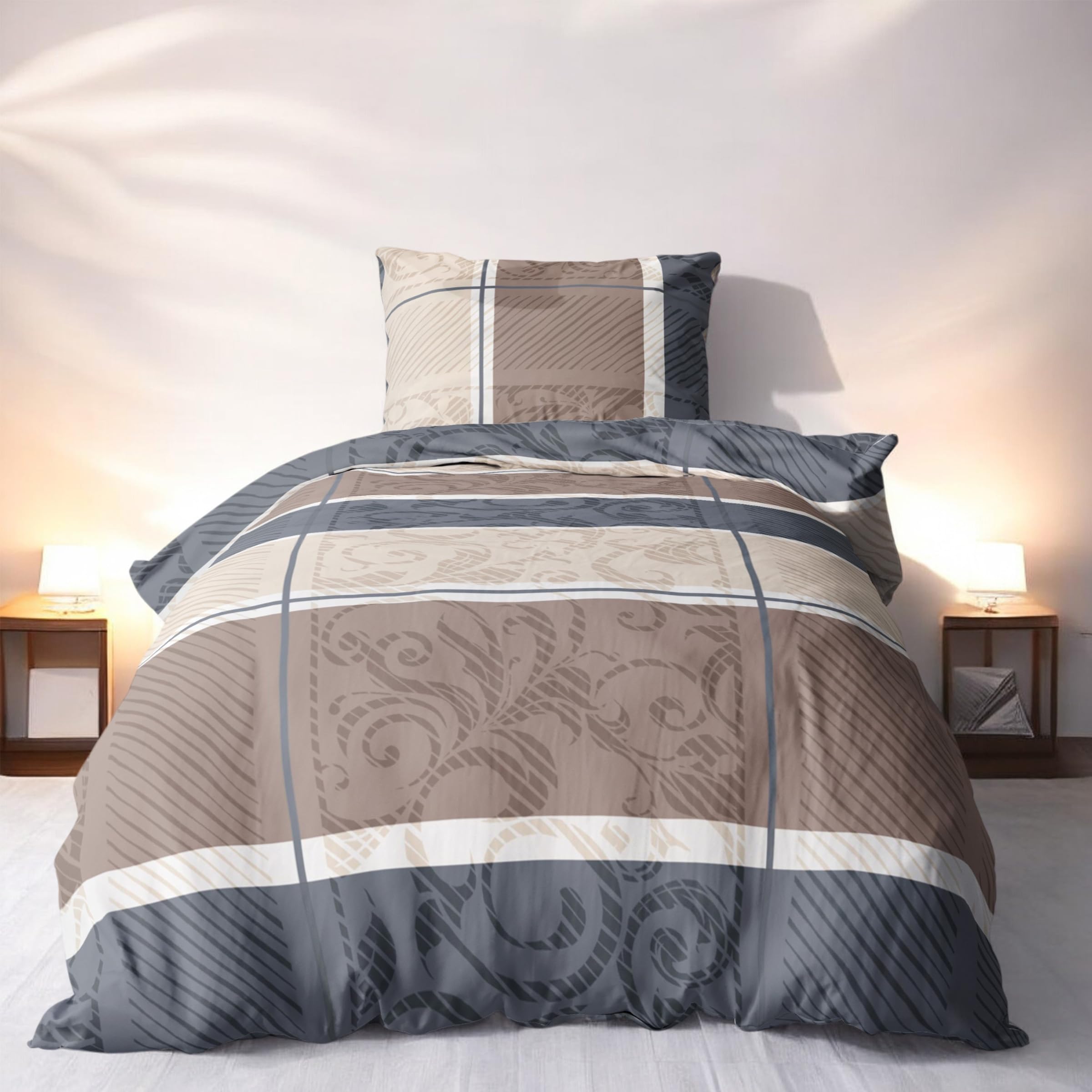 LINKHOFF Ropa de cama de franela de 135 x 200 cm, 2 piezas, color beige topo, 100 % algodón, funda de almohada de 80 x 80 cm + funda nórdica de 135 x 200 cm