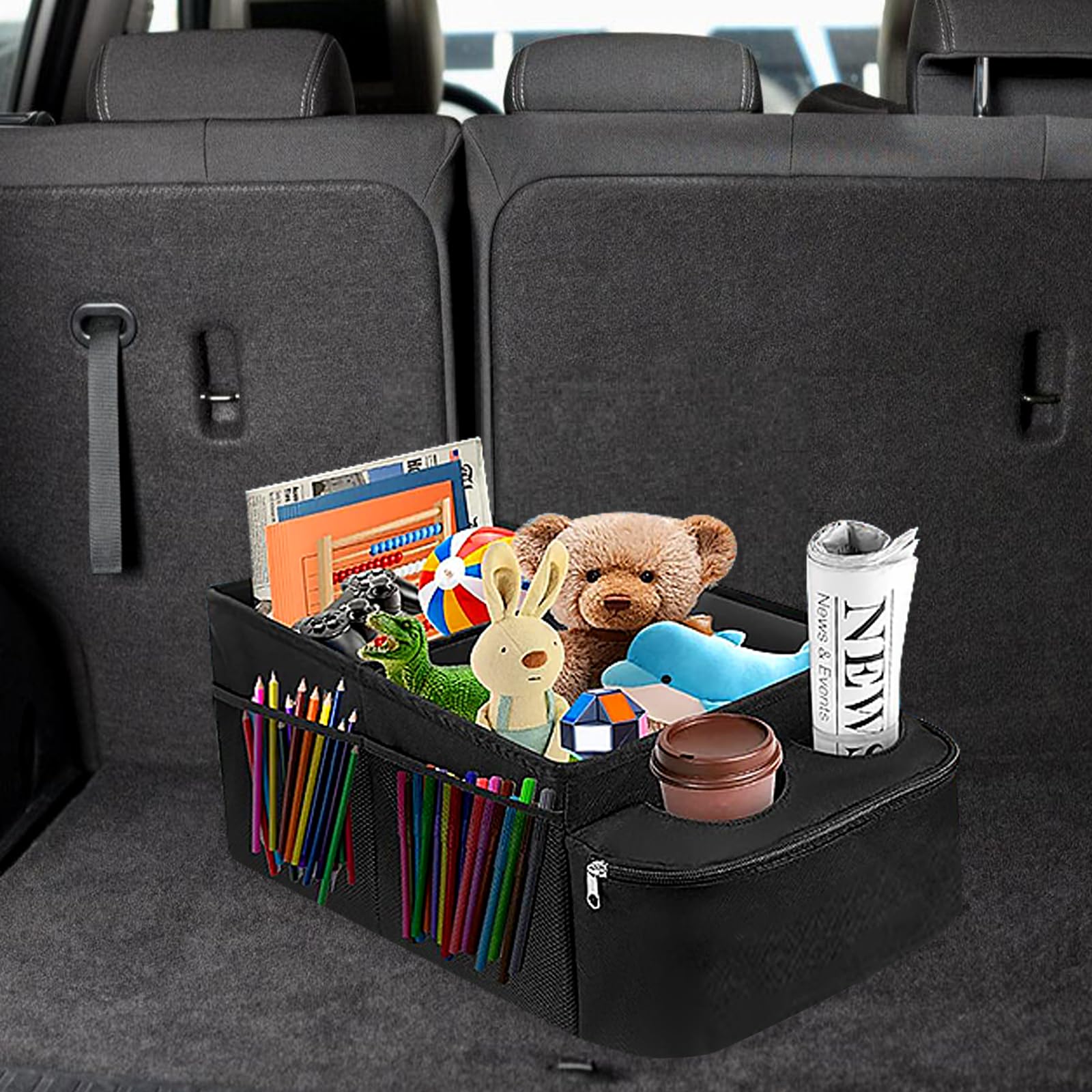 BYZESTY Organisateur de Coffre avec Porte-Gobelet - Rangement Voiture Pliable, Multi-Compartiments pour Siège Passager et Interieur