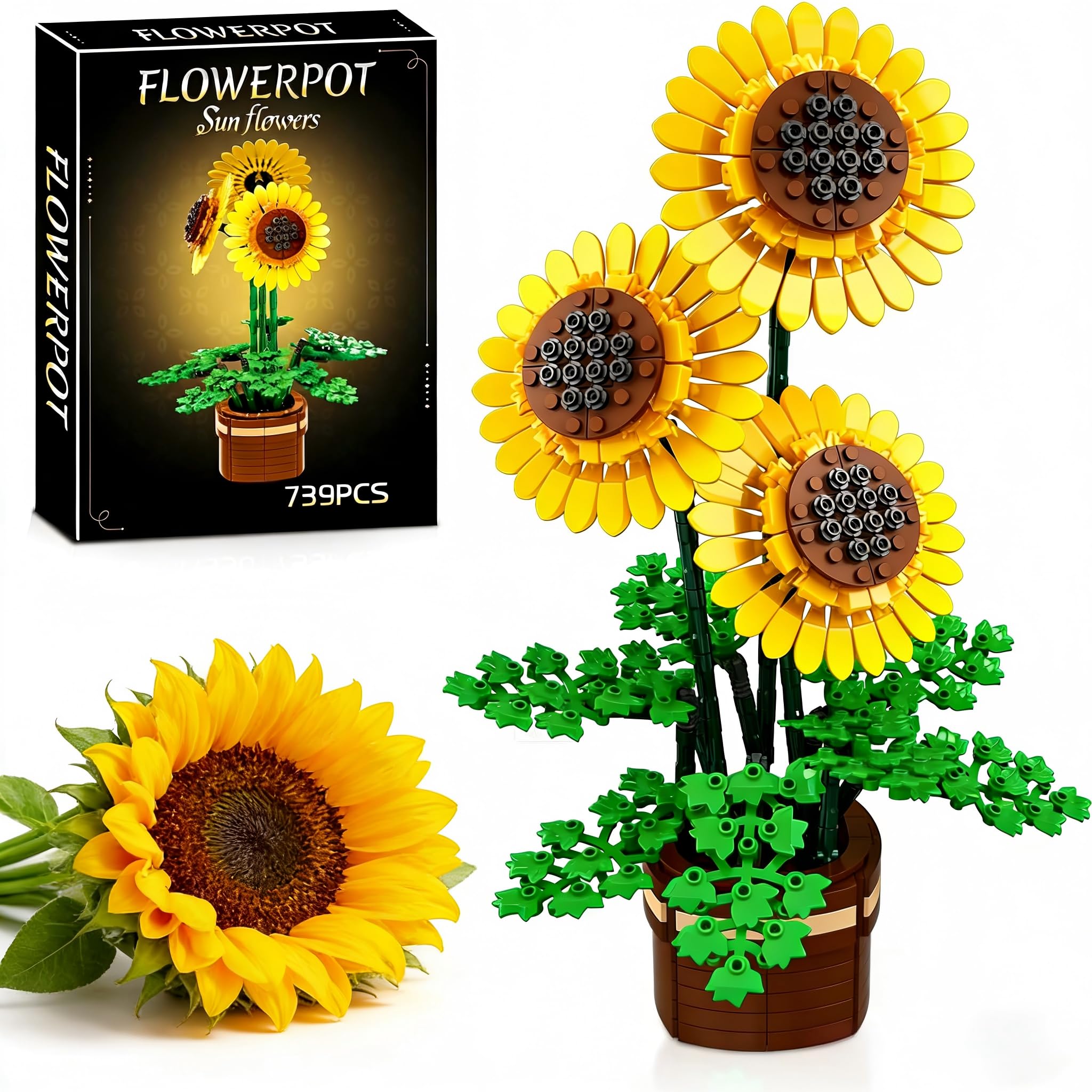 Sunflower Building Set with Vase for Adults, Compatible with Lego