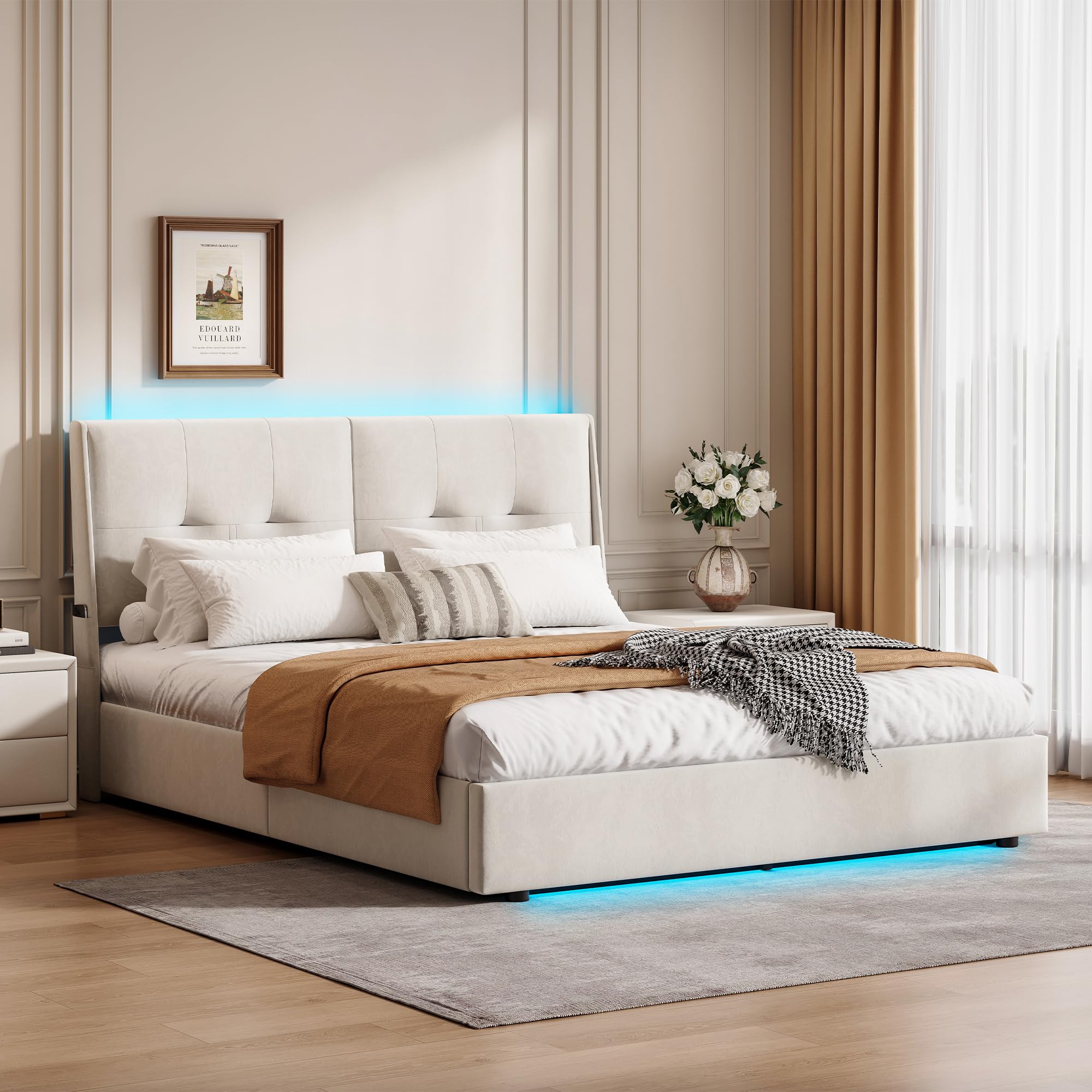 BRILVERDE Cama Tapizada 160x200 con Almacenamiento, Cama matrimonial con cajones, Cama Nido con LED, Cabecero Acolchado y Base de Láminas, Terciopelo (Beige, 160 x 200 cm)