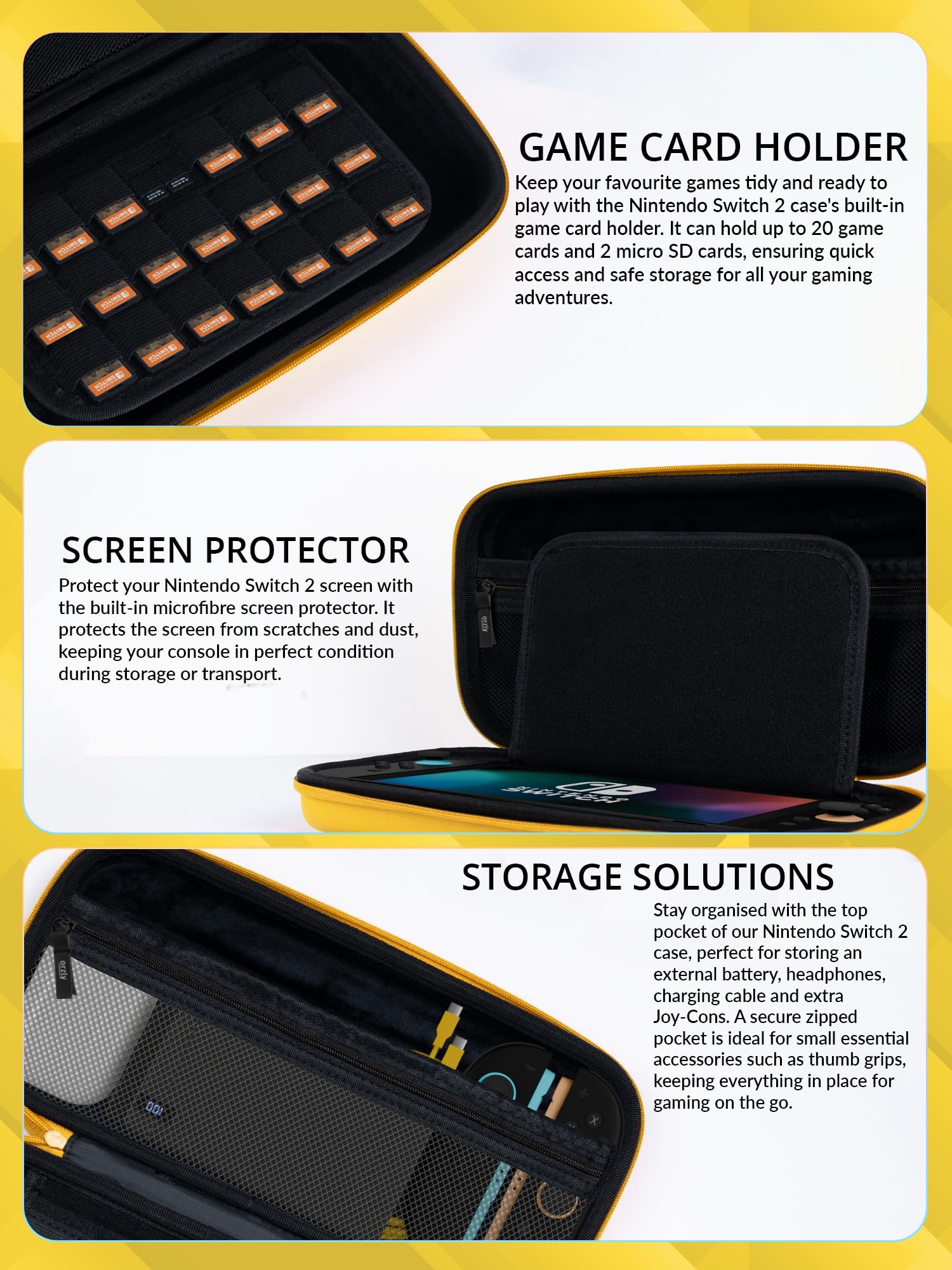 Orzly Custodia per Nintendo Switch 2, custodia protettiva da viaggio con pad per lo schermo, schede di gioco e slot MicroSD con tasche per gli accessori della console