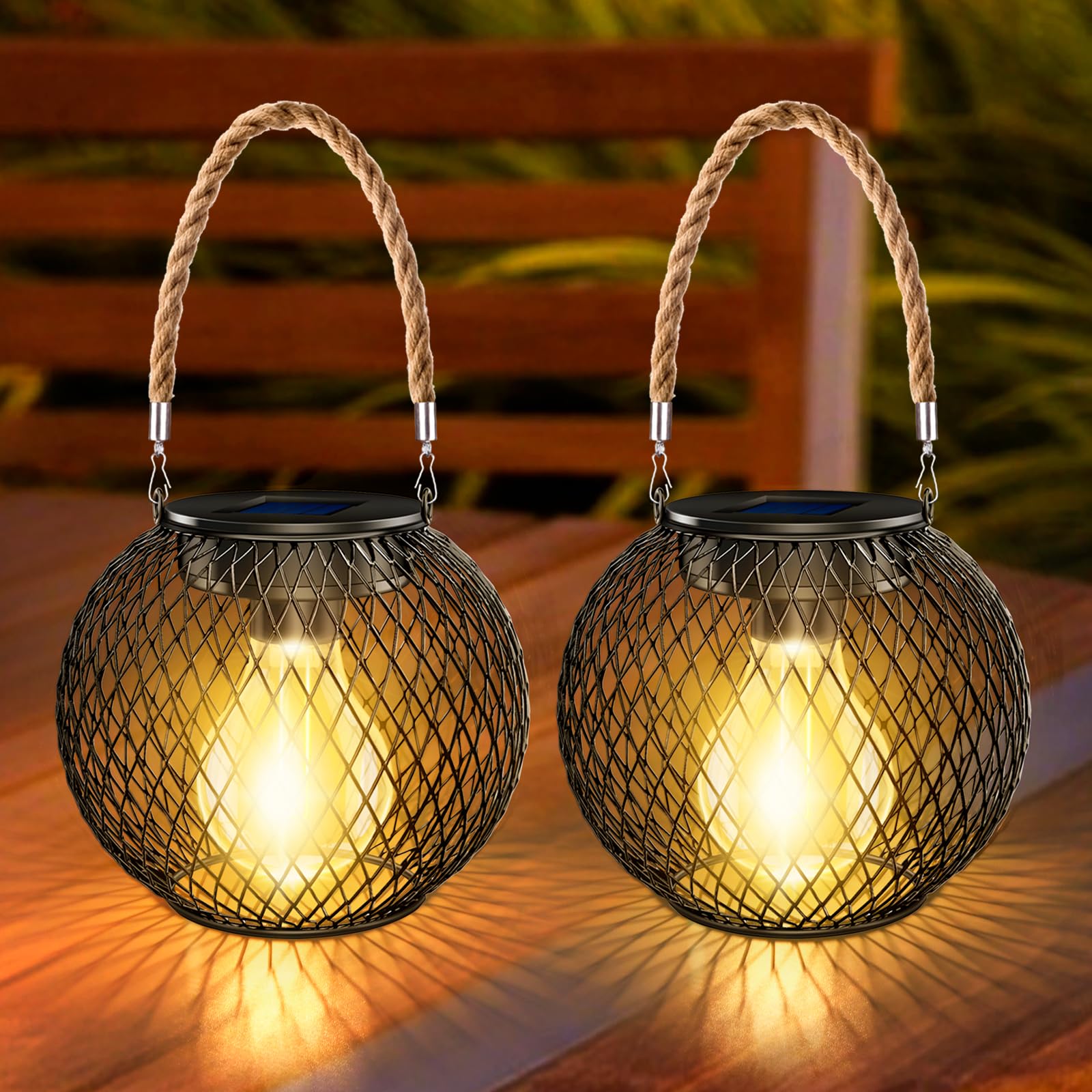 Liuyife Metal Solar Lantern Waterproof IP65, Auto On Off 2 Pack Hanging Lanterns with Bulbs