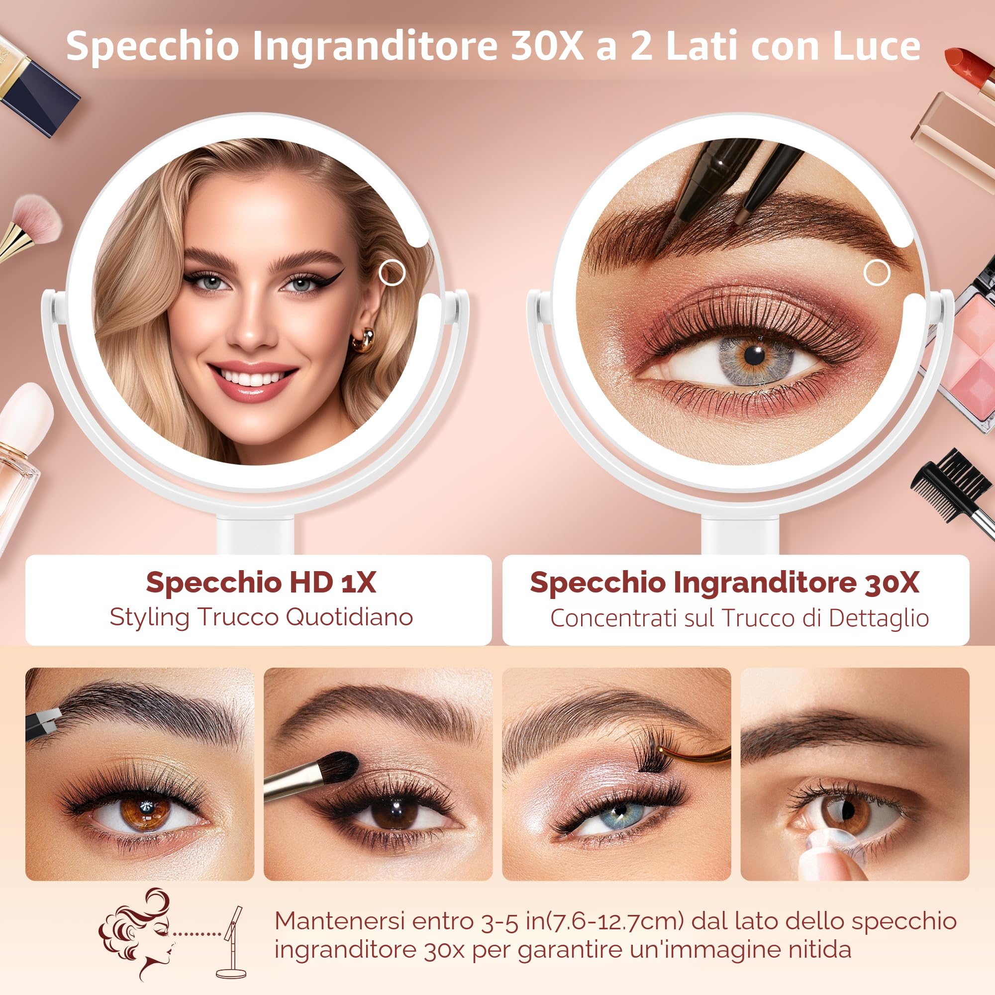B Beauty Planet Specchio da Trucco Illuminato 30 X con 3 Luci di Colore, LED Dimmerabile e Regolabile in Altezza – Specchio Cosmetico 2 Lati per Bagno – Regalo per Donne Bianco
