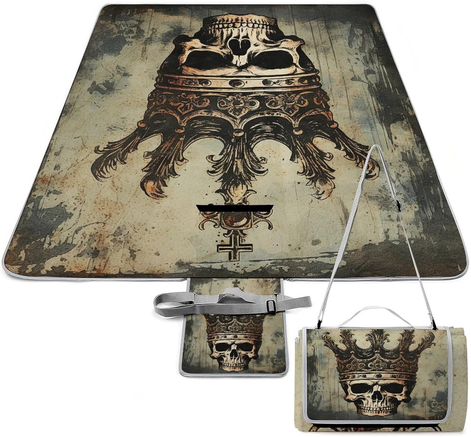 Outdoor Picnic Blanket Extra Large Beach Blanket Waterproof Picnic Mat Elegant Skull Crown Camping Blanket Portable with Carry Strap Park Blanket for Grass Camping Park