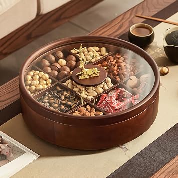12" Wooden Serving Tray with Lid, 360 Rotating Snack Try, 9 Compartments, Platter Organizer for Snacks, Candy, Nuts, Chips, Tray for Party, Family Dinner