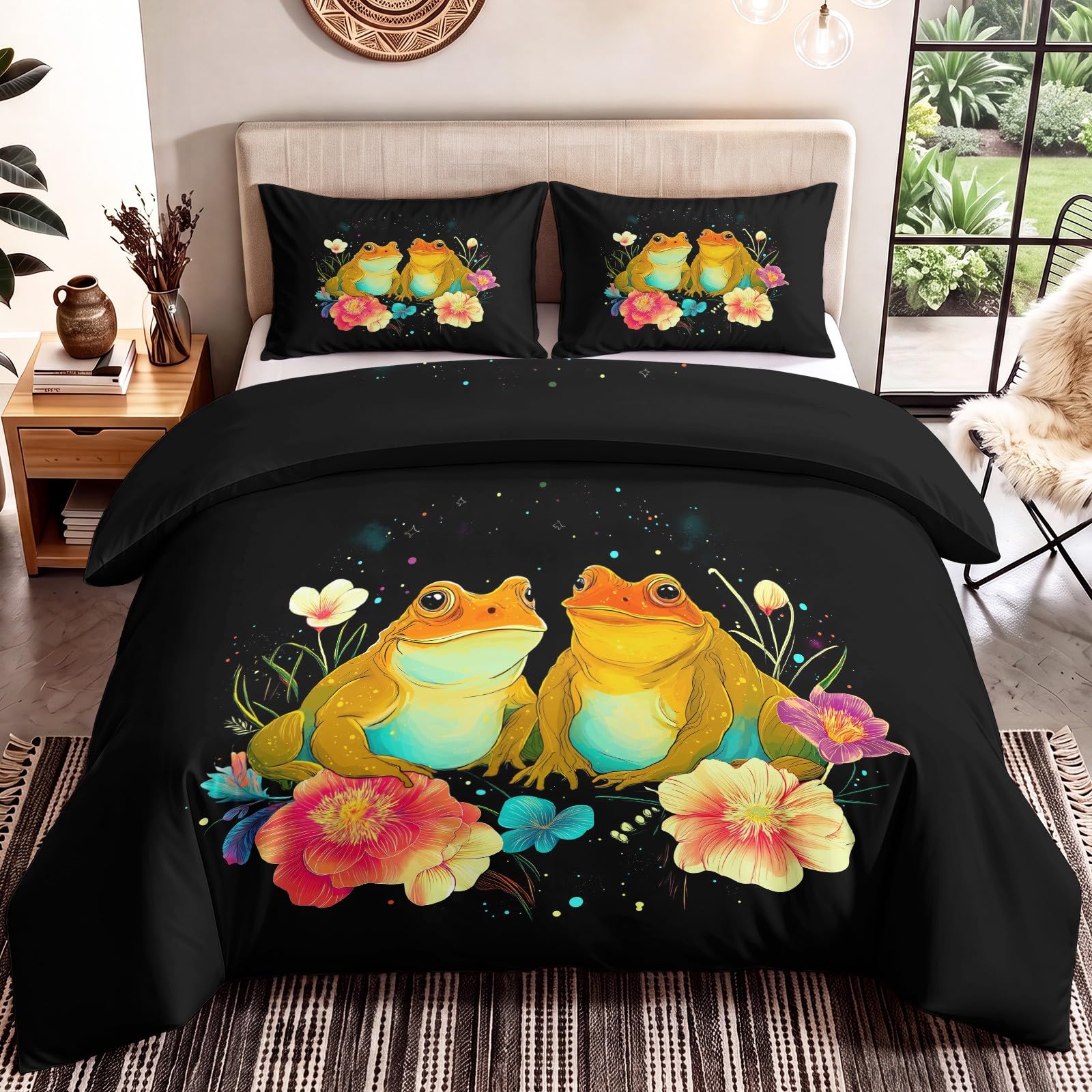 Dwustronne Fantastyczne Zwierzęta Poszwa na kołdrę Dekoracja 260 x 240 cm | Zestaw pościeli z miękkim zamkiem błyskawicznym, żaby kwiatowe komplet pościeli 2 poszewki na poduszki chłopcy dziewczęta