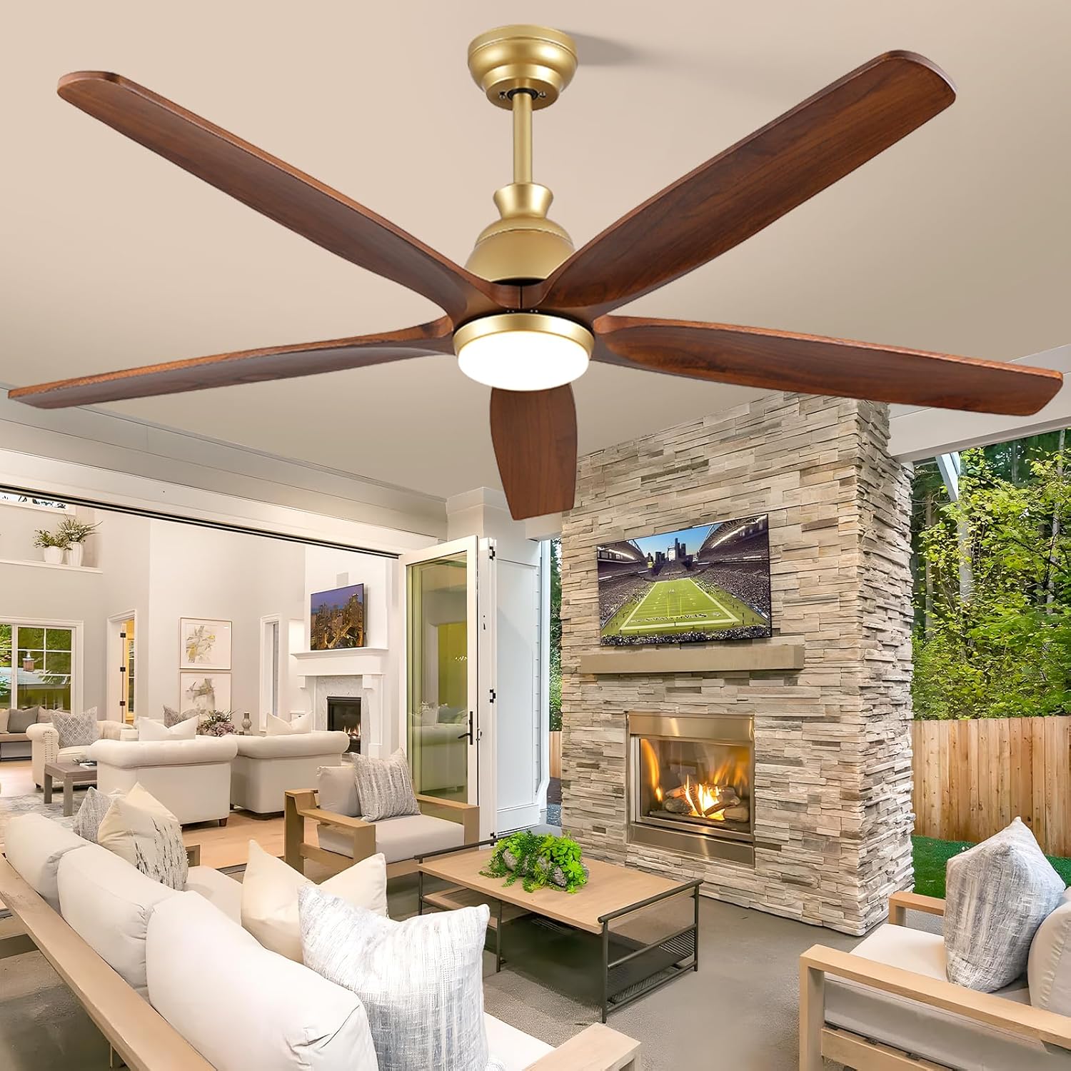 52 Inch Gold Ceiling Fan with Light, Rustic Wood Ceiling Fans with Lights Remote Control Reversible Quiet DC Motor, Indoor Exterior Ceiling Fan for Patios Porch Gazebo Living Room, Dimmable, 3CCT