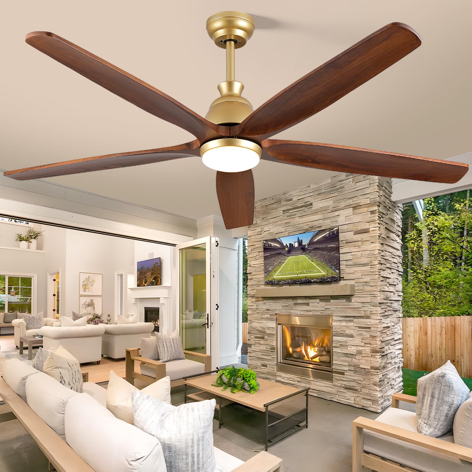 52 Inch Gold Ceiling Fan with Light, Rustic Wood Ceiling Fans with Lights Remote Control Reversible Quiet DC Motor, Indoor Exterior Ceiling Fan for