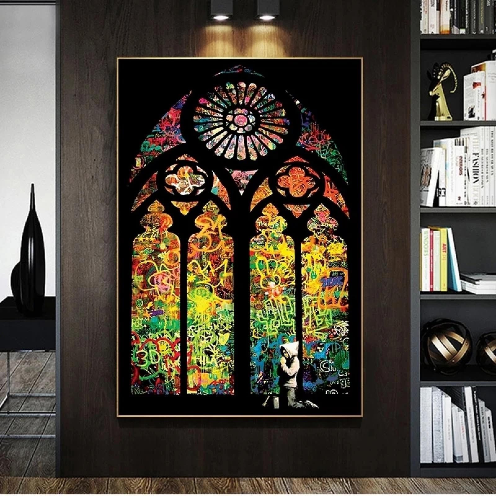 Bbovobb Boys Banksy Canvas Wall Art Posters And Prints Stained Glass Praying Graffiti Art Paintings Street Art Pictures Decor 90X130cm(35X51in) No Frame