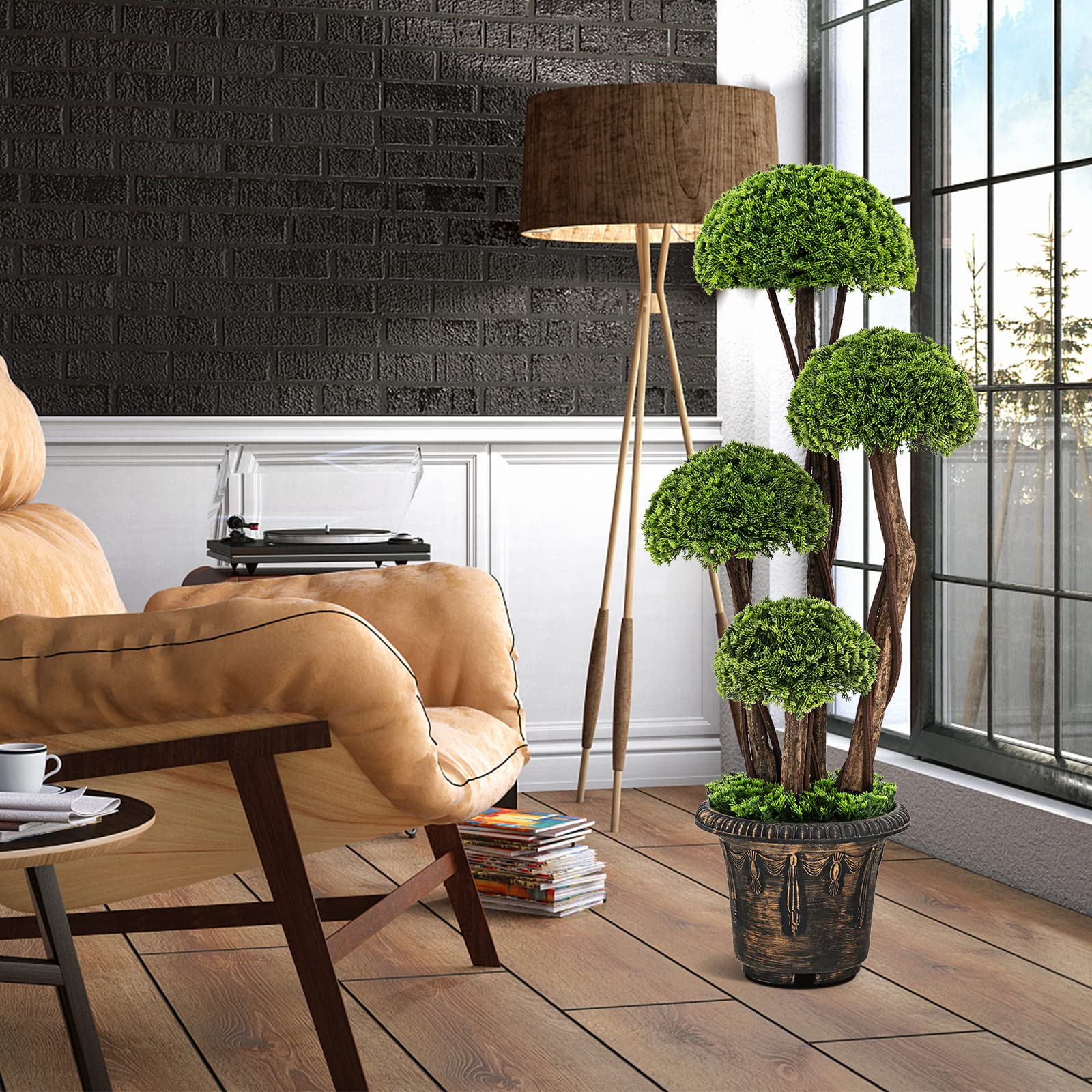 COSTWAY Arbre Artificiel en Cèdre 90 cm avec 4 Boules de Cèdre, Faux Cyprès Topiaire avec Tronc en Rotin Pot Rempli de Ciment, pour Décoration de Maison Bureau Jardin Balcon