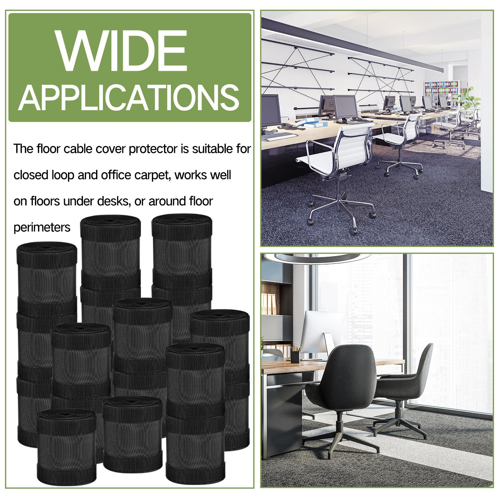 WILLBOND Protector de Cables para Alfombra, Protector de Cables Solo para alfombras de Oficina Comercial, Negro, 60 m