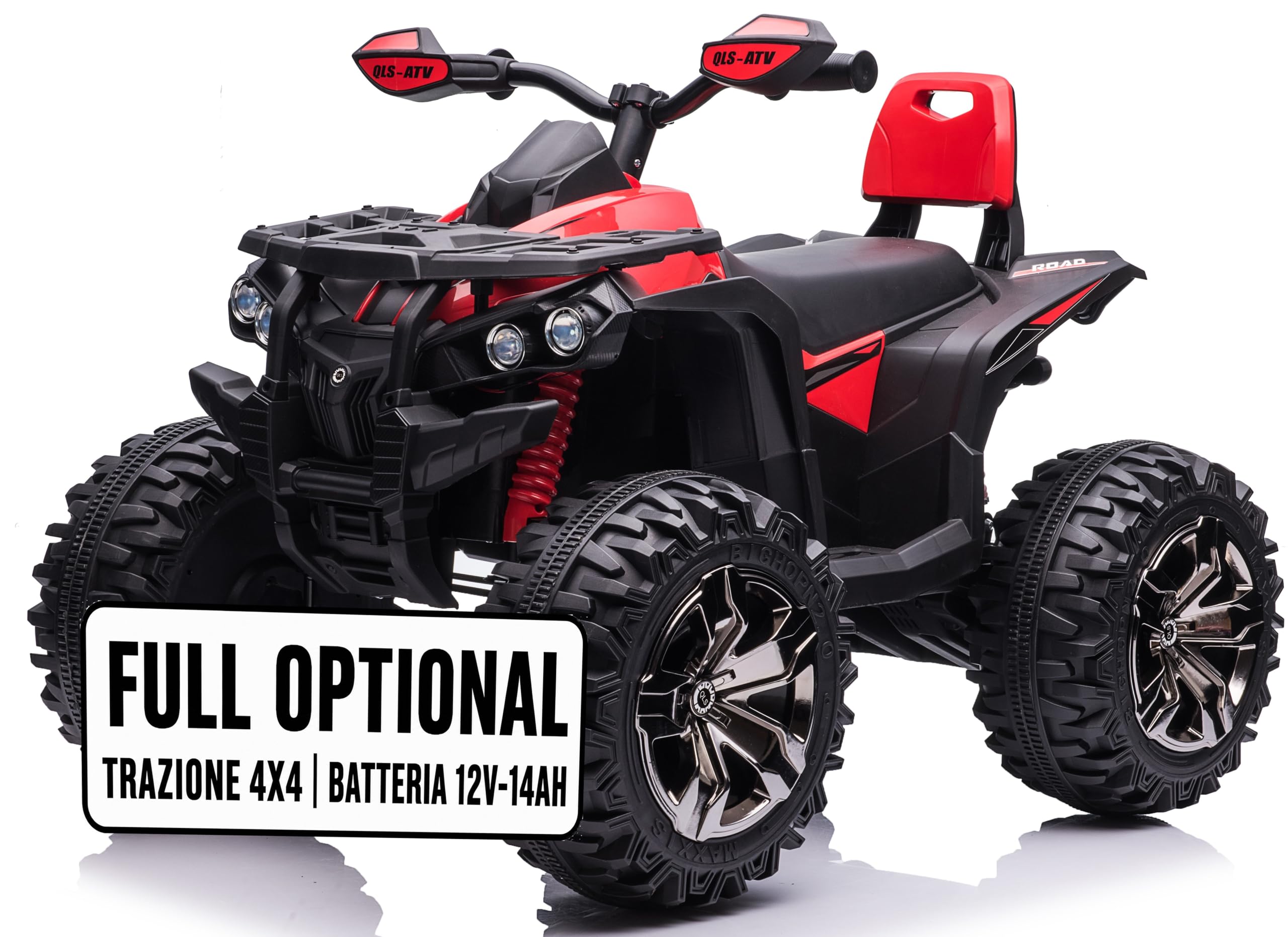 Mondial Toys Quad Elettrico 4x4 per Bambini 12V con 4 Potenti Motori Batteria Potenziata 12V - 14Ah Jungle ATV Ruote Grandi 36 cm Ammortizzatori Reali Luci LED Carico 30 kg Rosso