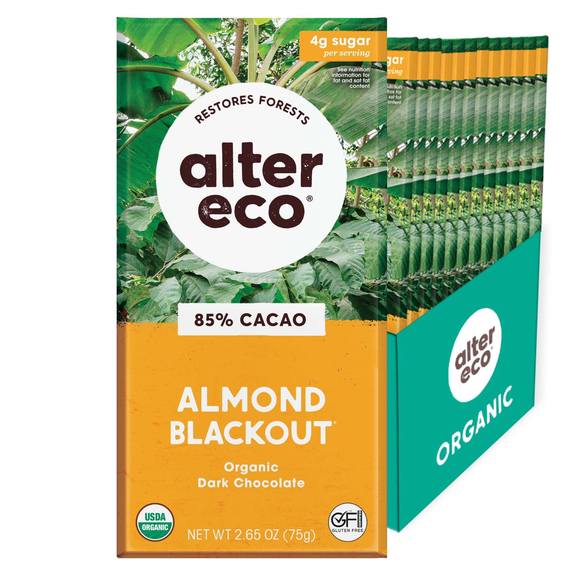 Alter Eco | Chocolate Bars | Pure Dark Cocoa, Fair Trade, Organic, Non-GMO, Gluten Free (12-Pack Almond Blackout)