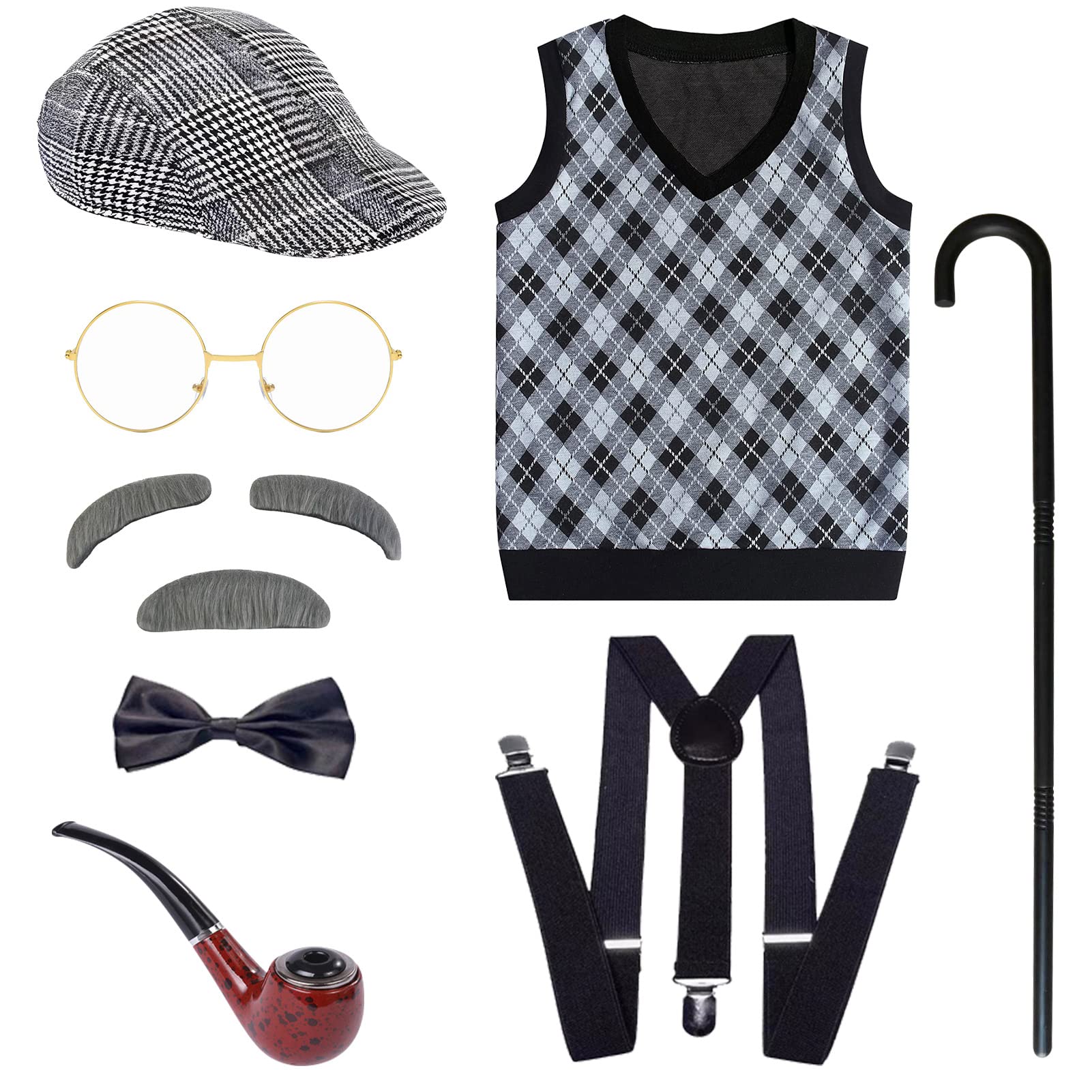 Metaparty Children's Old Man Costume Grandpa Costume Set Grandfather Fancy Dress Kit Halloween Cosplay Costume Prop, Hat, Glasses and Vest