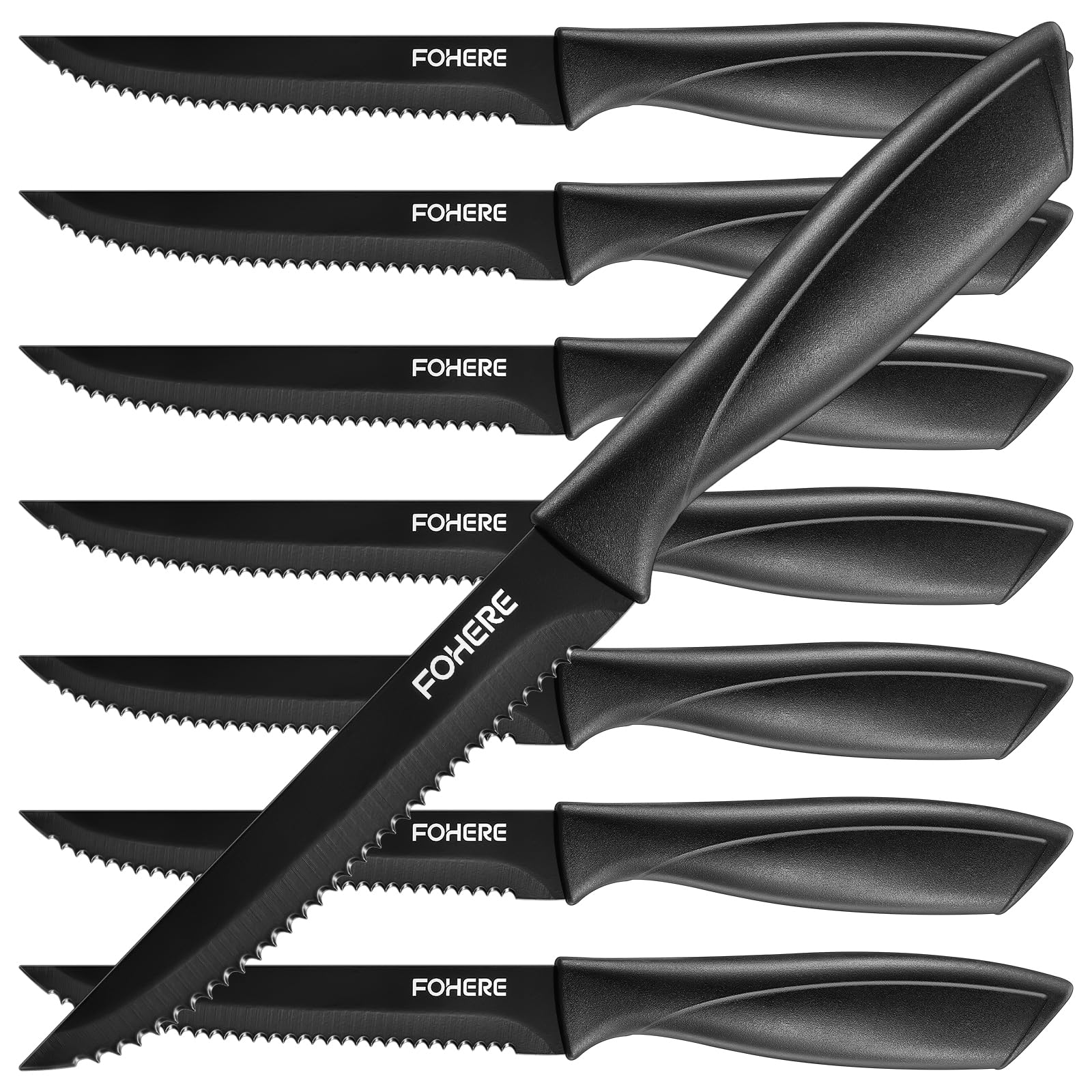 FOHERE Juego de 8 cuchillos de carne, cuchillos de carne negros dentados, cuchillos de cocina de acero inoxidable, ideal para comida de Navidad, Nochevieja y lavable en lavavajillas