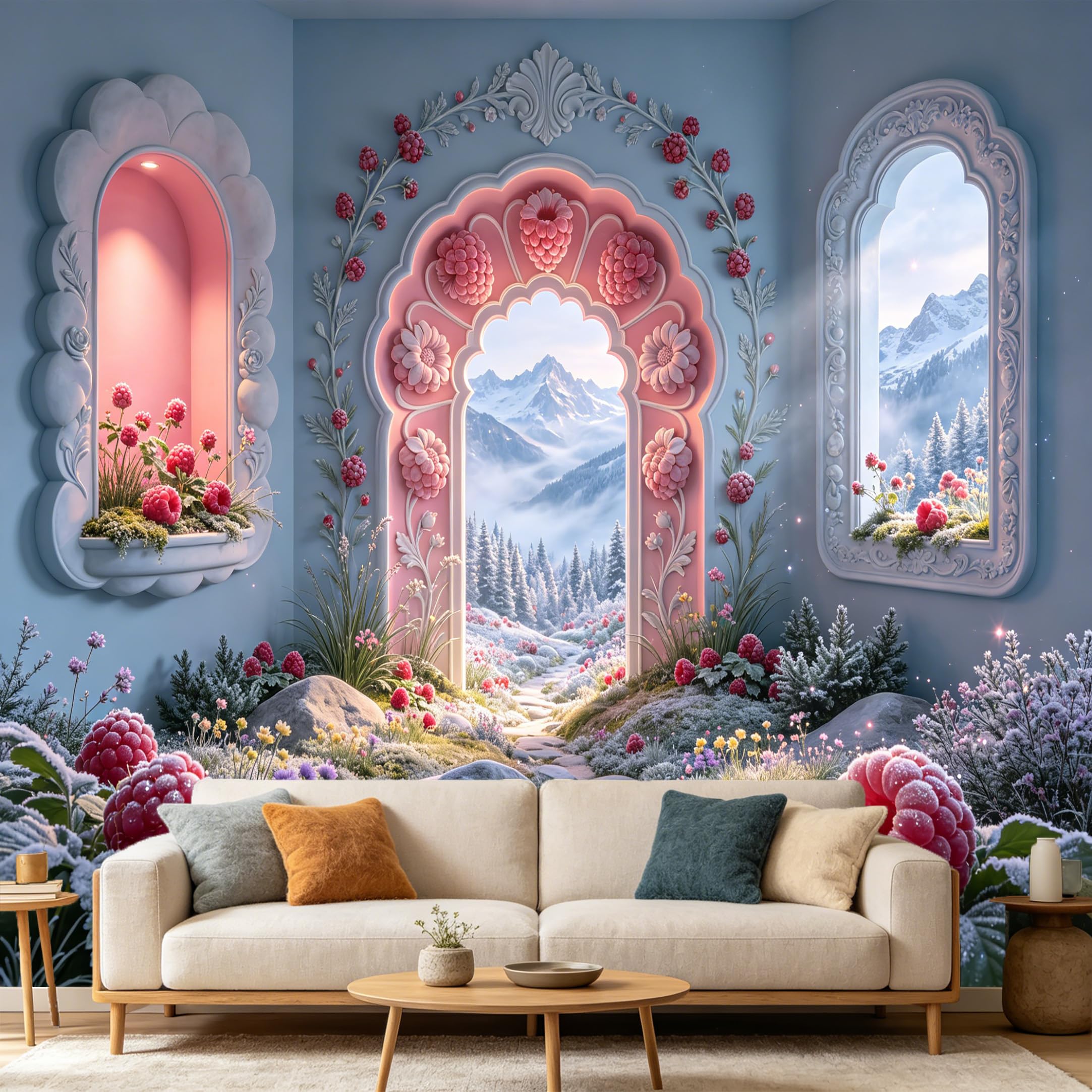 Custom Size Wall Mural， 3D Snowy Mountain Forest Archway Raspberry Flowers， SelfAdhesive Art Prints wall Fabric Removable Large Wallpaper Home Living Room Decor