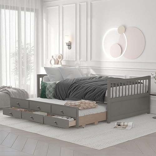 Harper & Bright Designs Sofá cama de tamaño matrimonial con nido y cajones, cama de capitán con almacenamiento, marco de cama de plataforma
