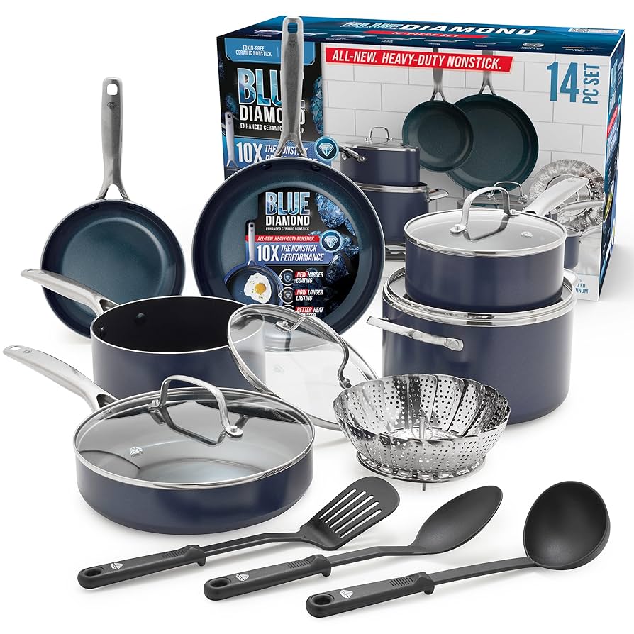 Blue Diamond 14 Piece Nonstick Cookware Set, Diamond Ceramic