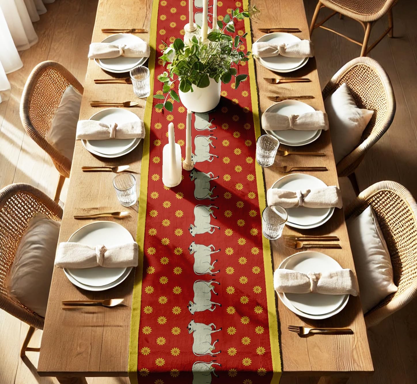 Handcrafted Double Layer Cotton Table Runner - Vargottam Fabric Table Linen with Border - Machine Washable, Stylish Runner for Dining & Console Tables - Animal