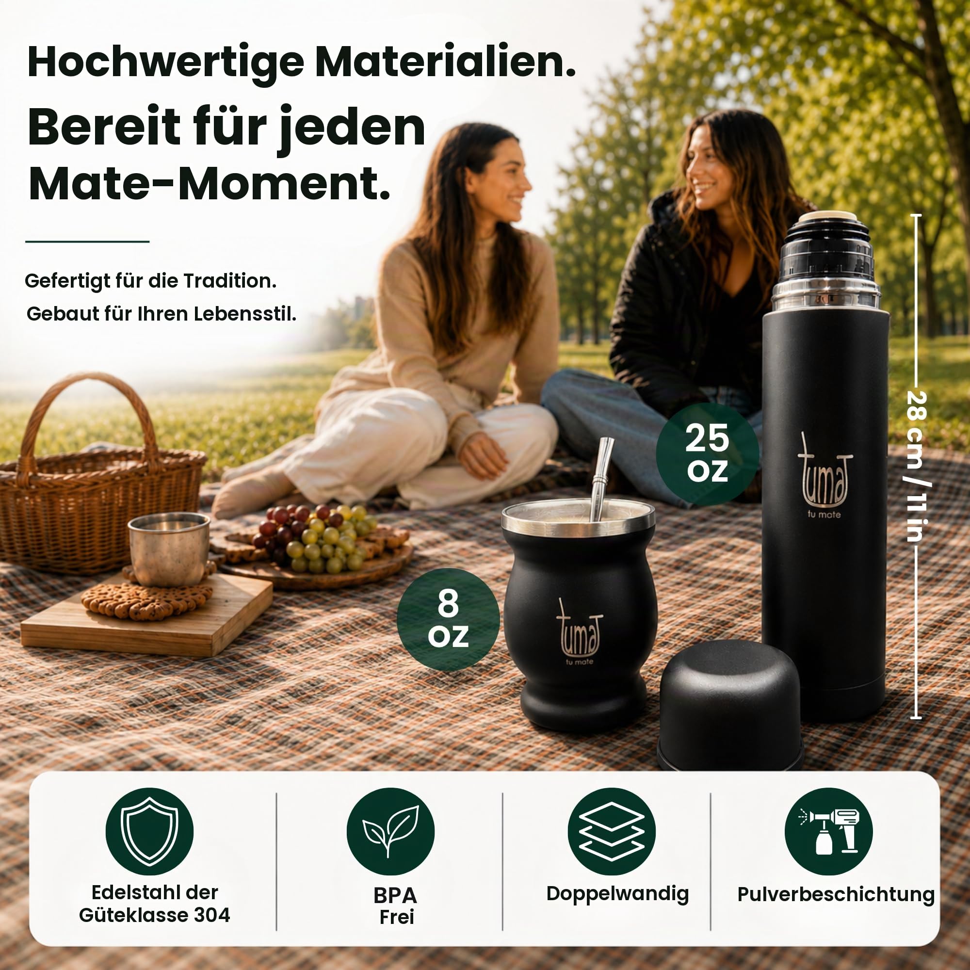 Komplettes Yerba Mate Kit – inklusive Mate-Becher, Strohhalm (Bombilla), 750 ml Thermoskanne, Beutel und zwei Geschenken (Behälter Yerbero und Auto-Tauchheizung) – Yerba Mate Set aus Edelstahl