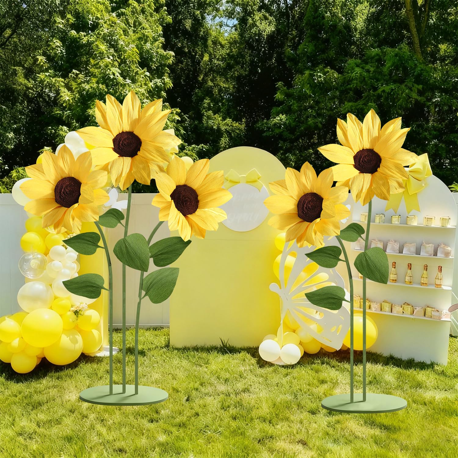 Mverse Lot de 3 tournesols géants en papier avec base en métal autonome pour toile de fond de mariage, accessoire de photomaton d'événement, décoration de fête d'anniversaire et présentoir de magasin