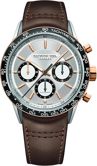 RAYMOND WEIL Freelancer Mens Automatic Watch, Chronograph, Black Ceramic Bezel, Silver Dial, Stainless Steel with Rose Gold PVD Plating, Genuine Brown Leather Strap, 43.5mmModel7741-S51-65021