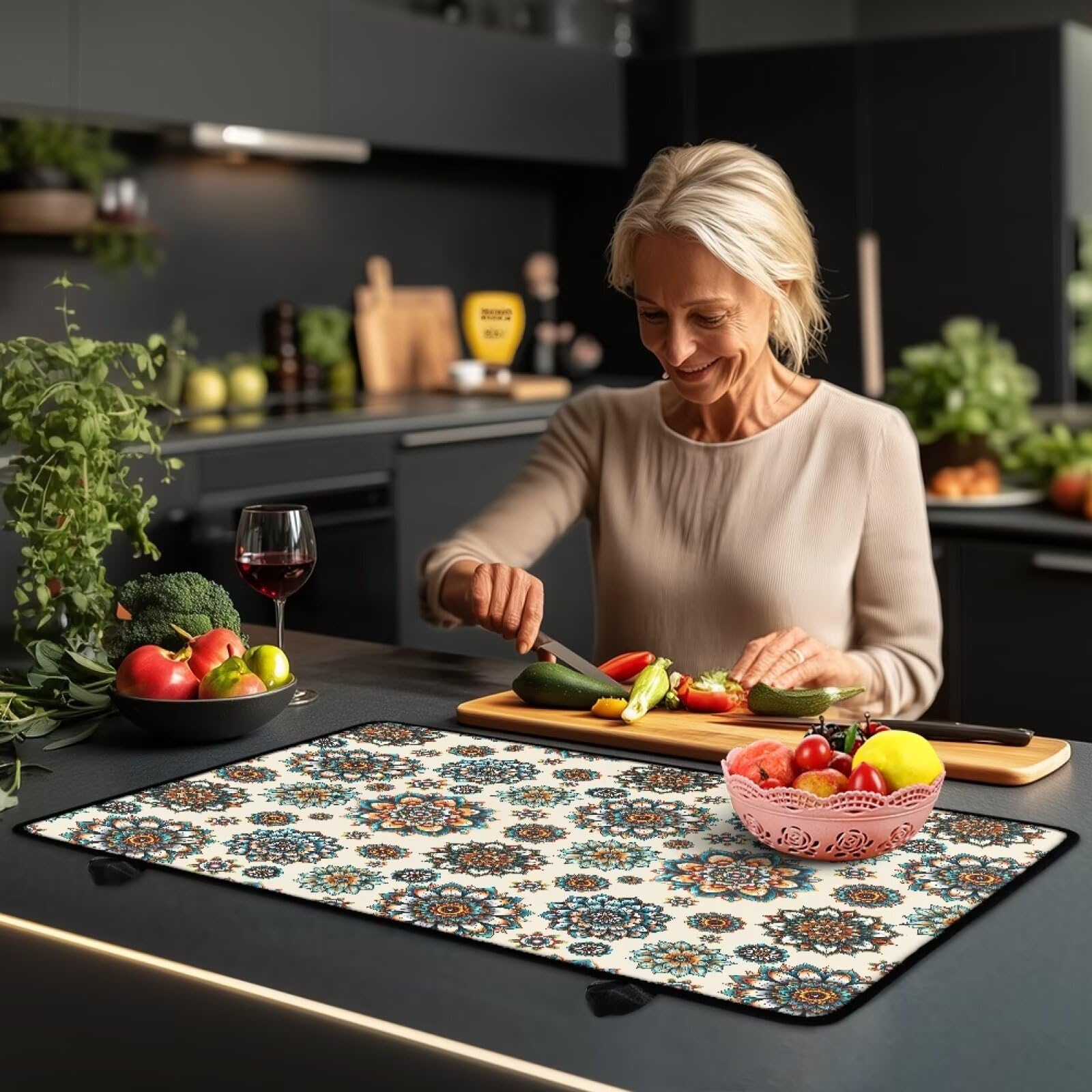 Hwzdsyxl Bohemian Lotus Flower Print Electric Stove Top Cover Waterproof Silicone Stove Cover Mat Anti-Slip Glass Cooktop Protector Large Table Protector for Kitchen, 29.18 x 20.96 inch