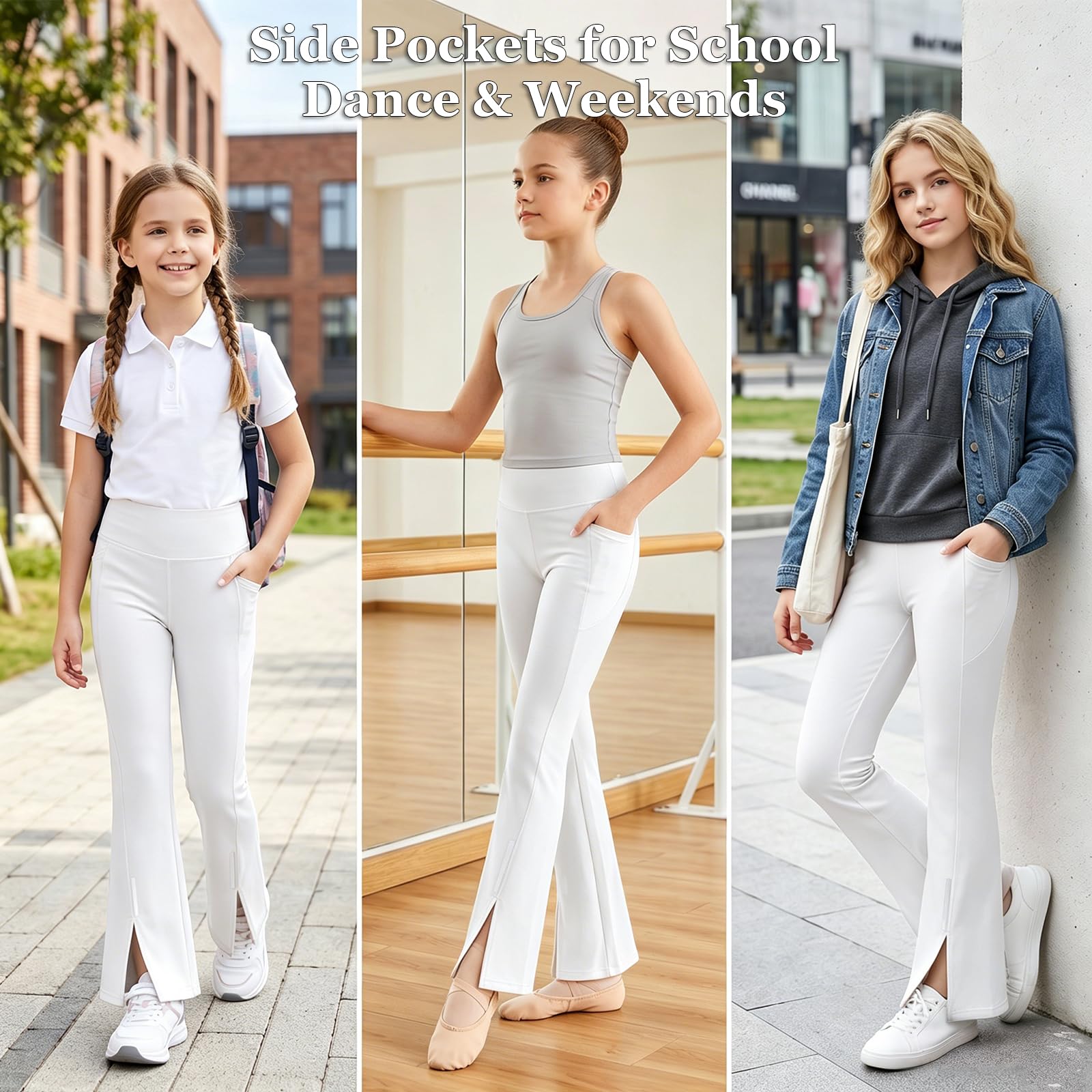 Leggings Deportivos para Niñas con Bolsillo y Tiras Reflectantes, UPF 50 Acampanados Pantalones Transpirable Elástico Casual Escuela Pantalón Ninos Mallas para 7-15 Años