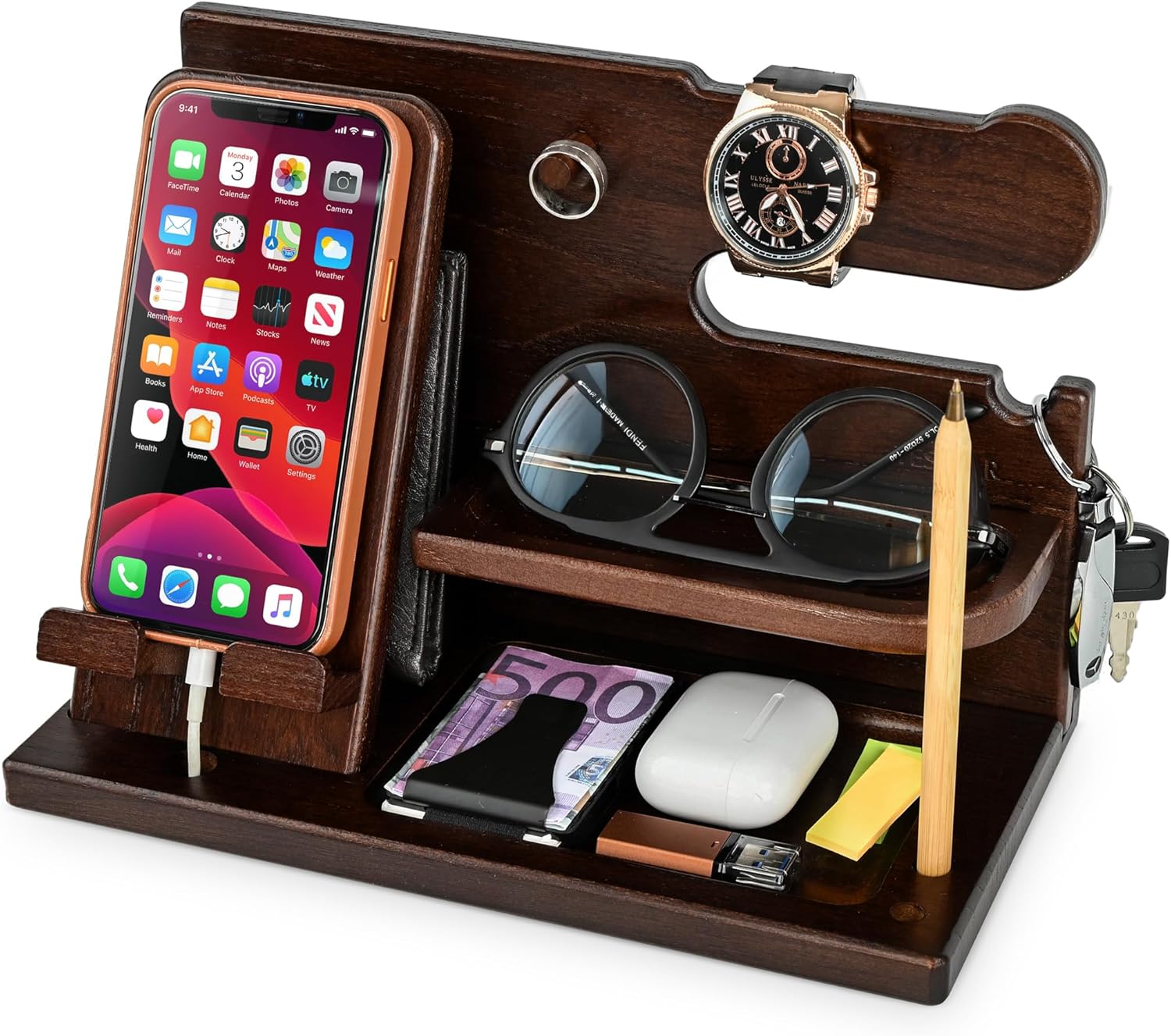 TESLYAR Wood Phone Docking Station for Men - Desk or Nightstand Organizer - Birthday Gifts for Husband, Dad - Anniversary Idea from Wife - Key Holder, Stand Wallet, Watch, Essentials (Chocolate Brown)