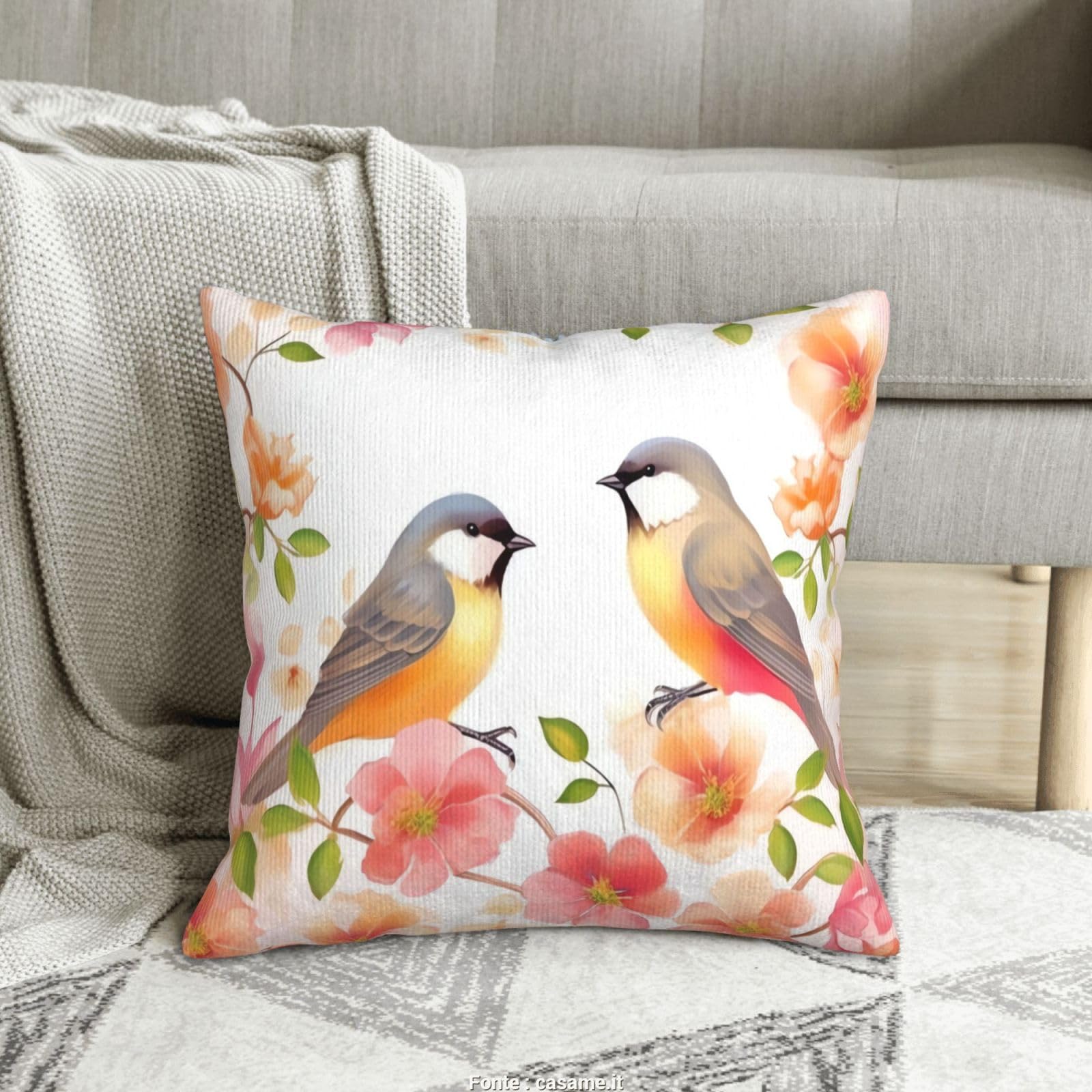 Housse de coussin en velours côtelé fleurs et oiseaux 40x40 cm pour déco de canapé