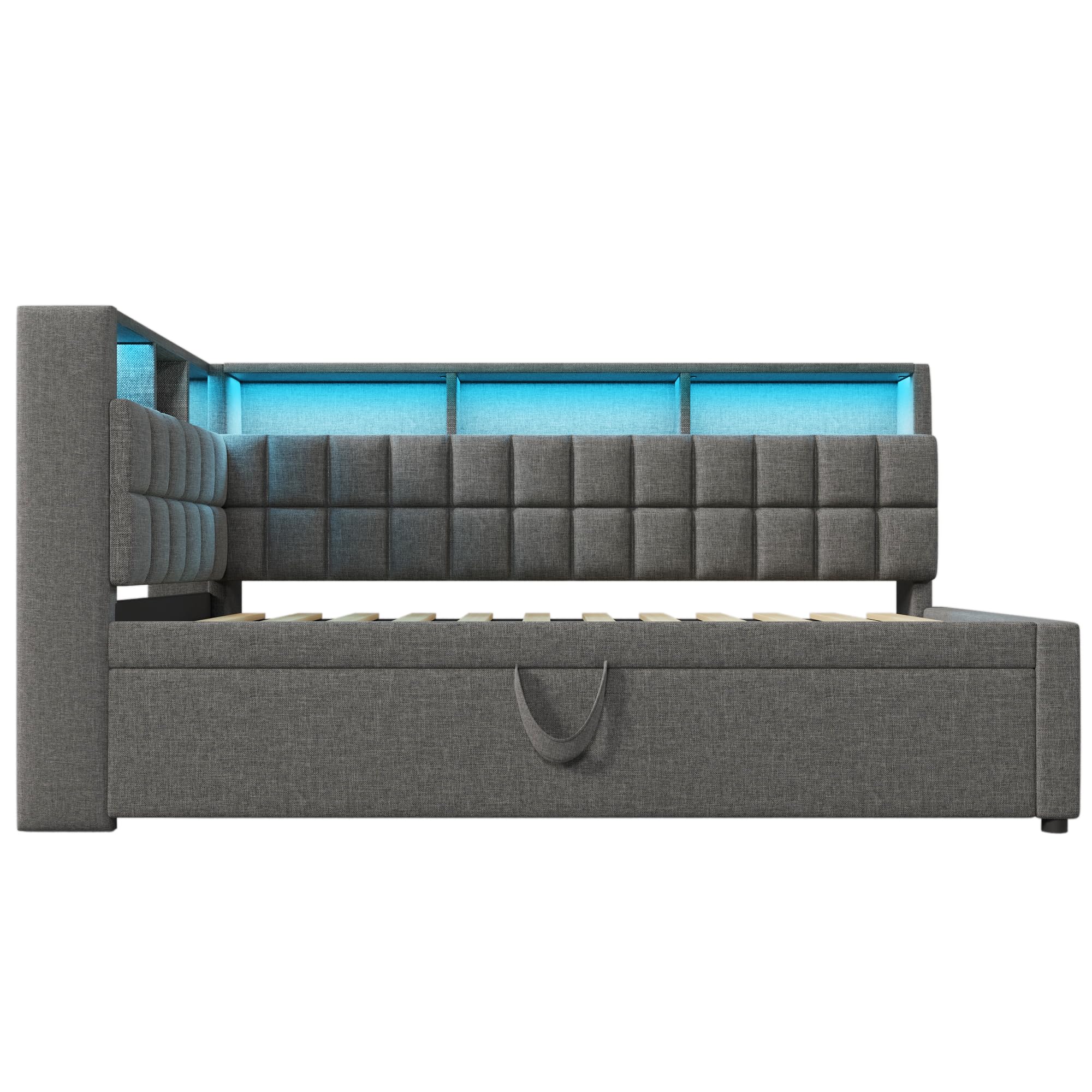 Cama tapizada de 90 x 200 cm, cama de día con cama nido, sofá cama con LED y puerto de carga USB y tipo C, altavoz Bluetooth, cabecero en L con estante de almacenamiento, lino, sin colchón (gris