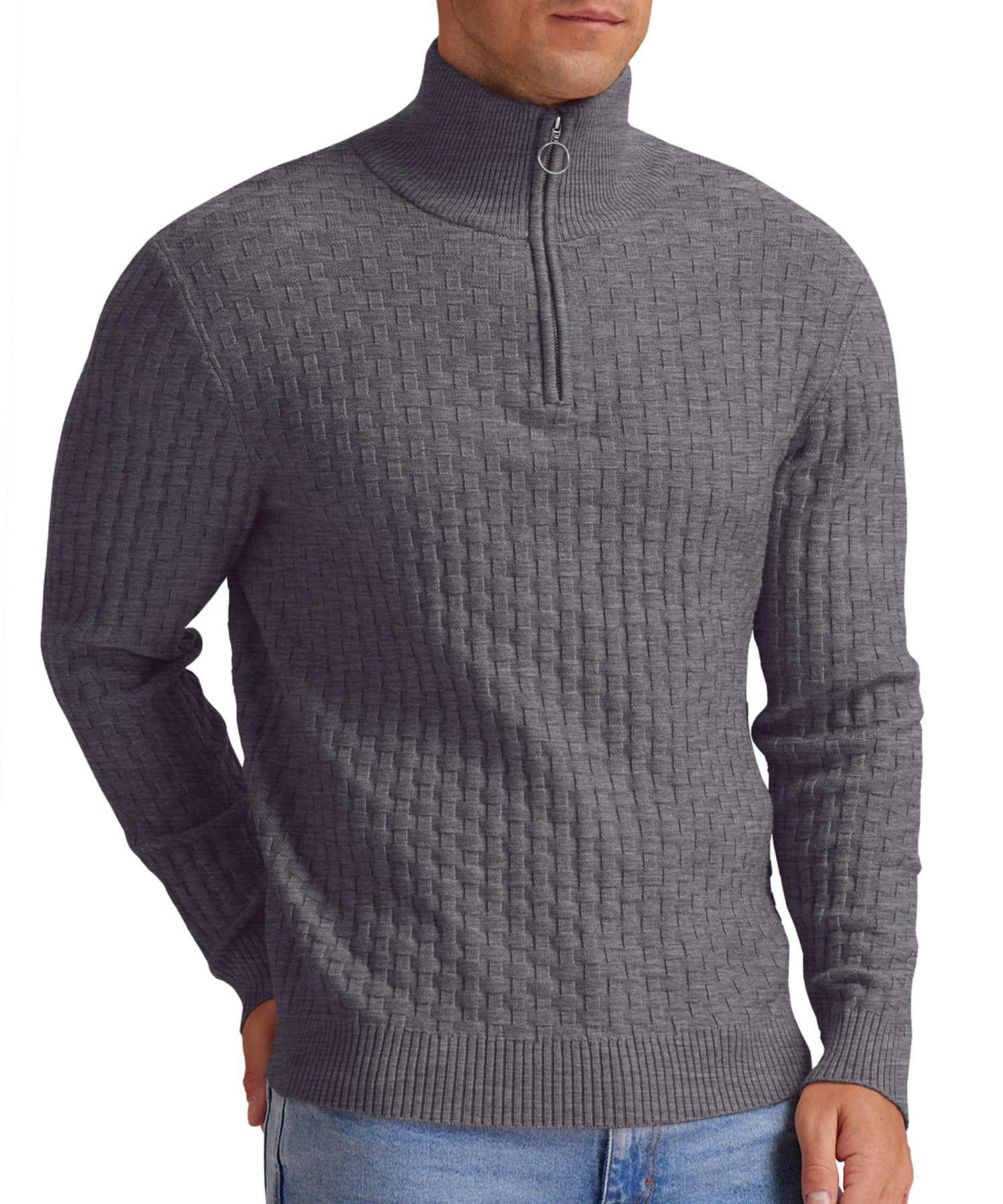 QIXING Herren Viertelzip Waffelstrick Strickpullover Halbhoher Kragen Dicker Winterpulli Casual mit 1/4-Reißverschluss