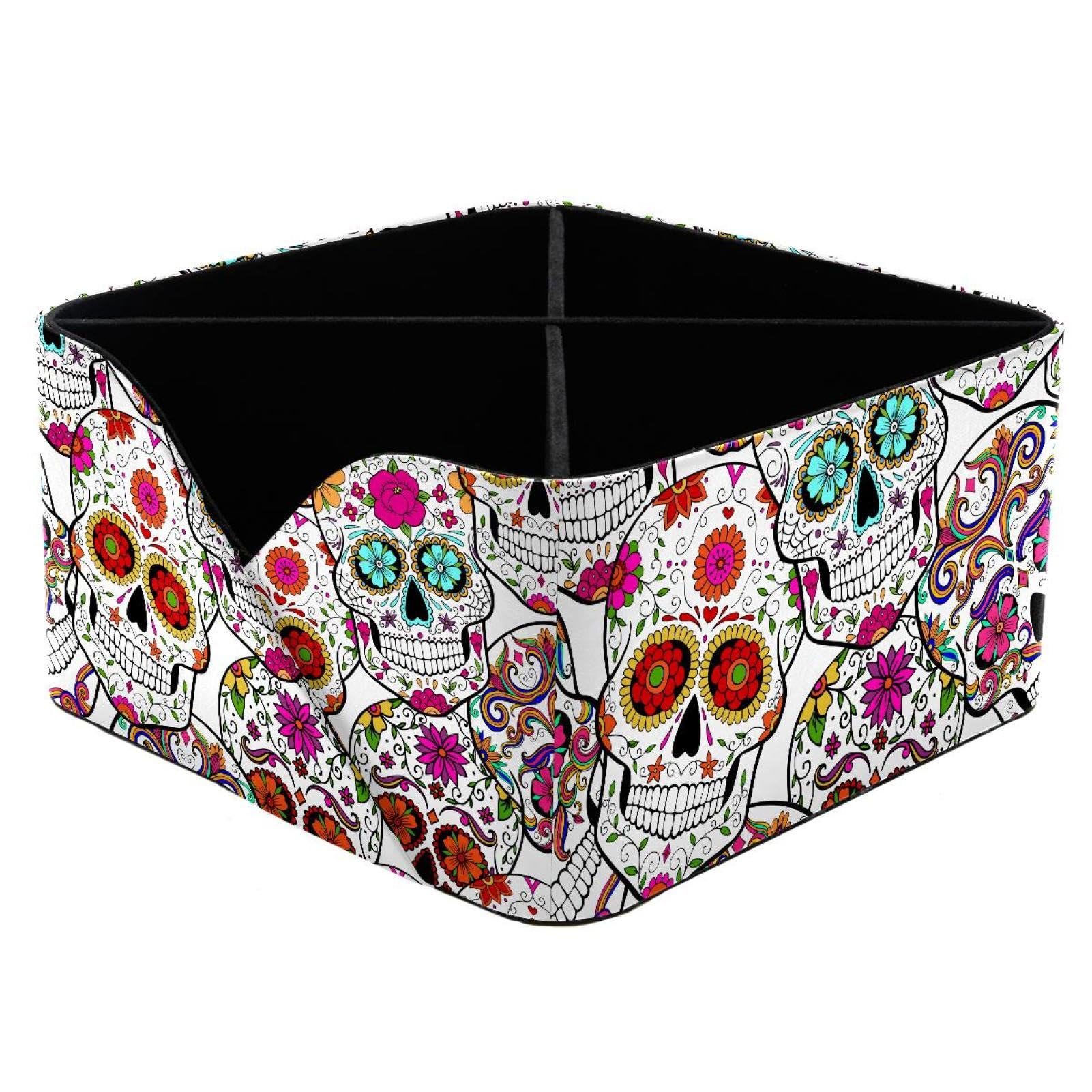 KengjuTesu Day of the Dead Sugar Skulls Flowers Pattern Desktop Organizer Pen Holder, Rectangular Pencil Cup for Office, Study and Makeup Stations