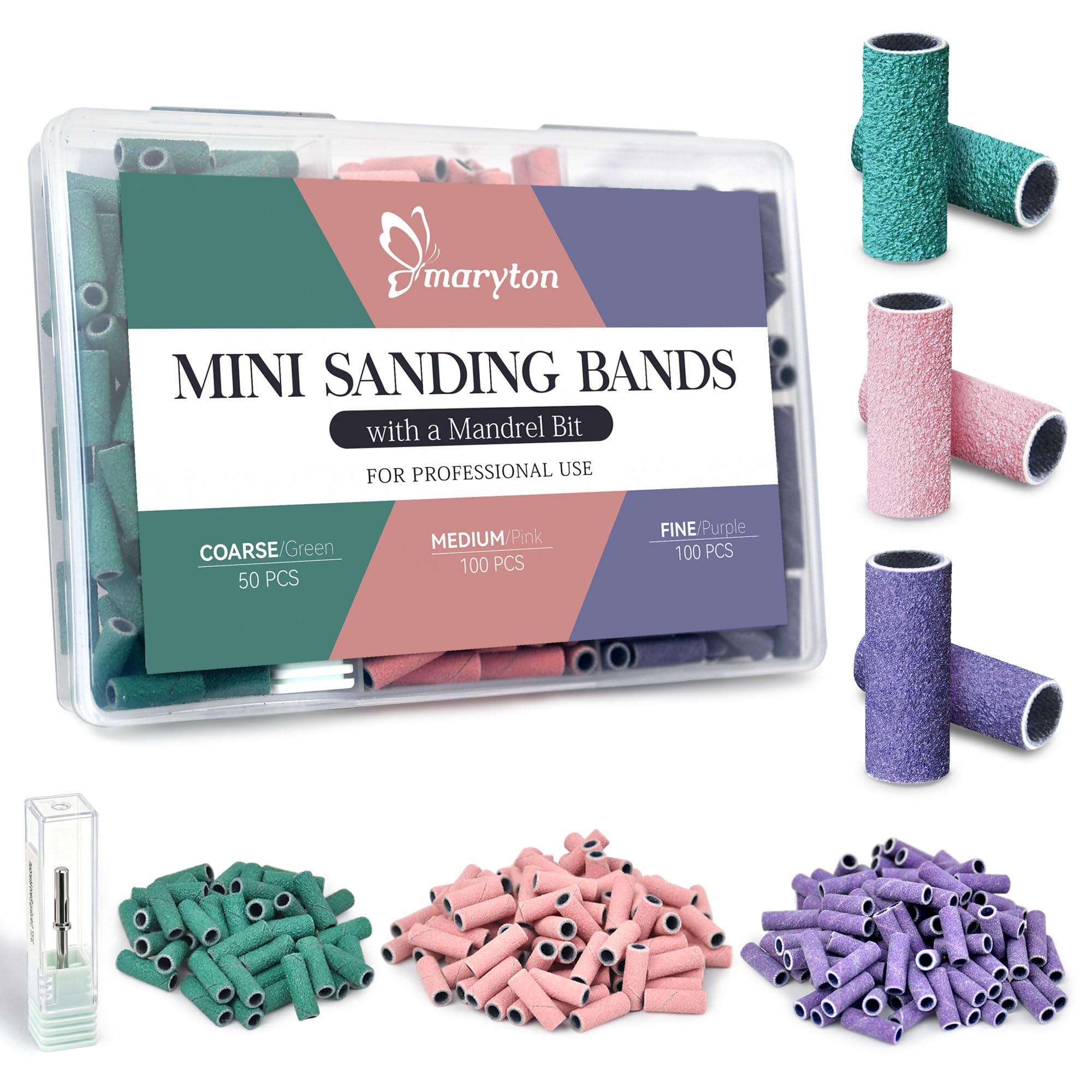 Maryton 250 mini bandas de lijado para taladro de uñas con broca de mandril, grano 100/150/240 grueso/medio/fino banda de lijado a granel para salones profesionales de manicura y pedicura