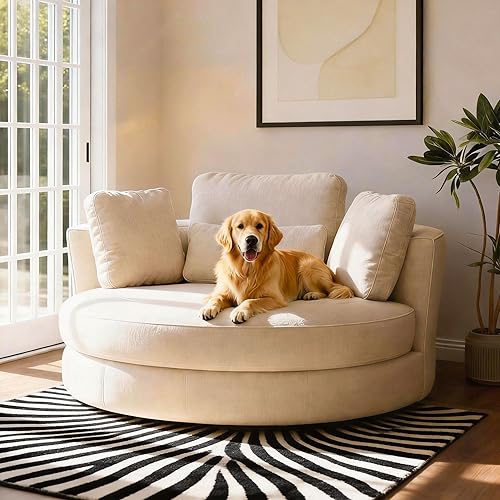 Aoiy & Wifon 50'' W Oversized Swivel Barrel Chair, Beige Swivel Accent Chair for Living Room, Round Oversized Arm Chair with 4 Pillows, Deep Seat & Extra Wide, Chenille