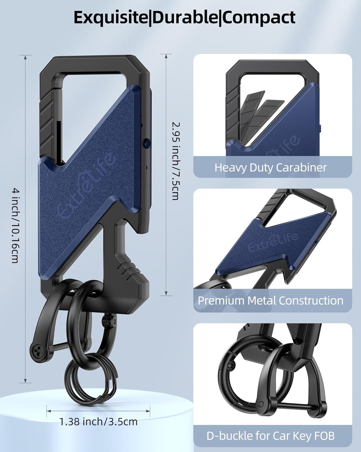 Keychain, Works with Apple Find My, Heavy Duty Keychain Bottle Opener, Carabiner Car Key Chains for Men & Women, Car Key Fob Holder, Anti-Lost Keys Tracker, Smart Keys Finder, Rechargeable, Navy Blue