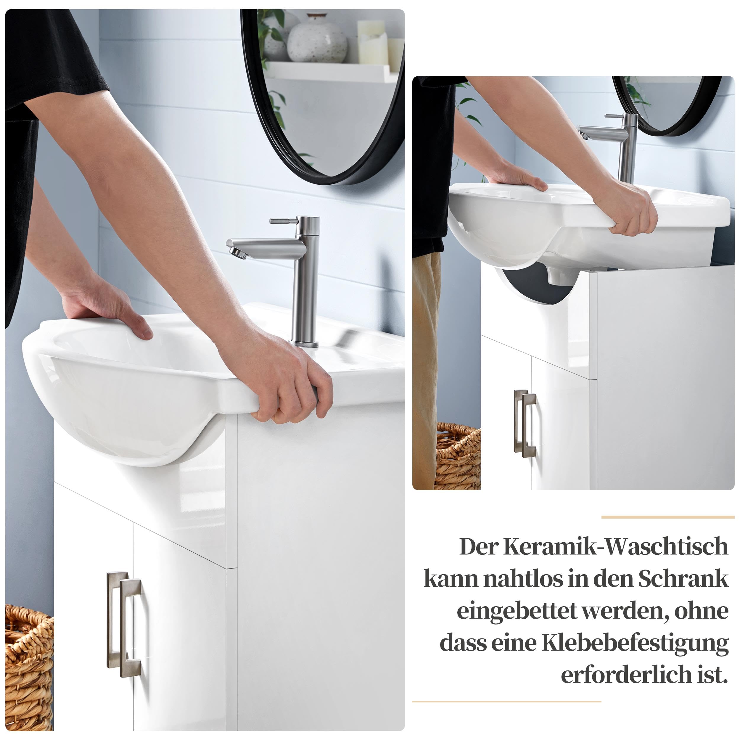 Yaheetech Waschbeckenunterschrank Badezimmerschrank Unterschrank mit Waschbecken Badmöbel 2er Set Badschrank Standschrank mit 2 Türen Waschtischunterbau Keramikbecken Hochglanz, 61 x 43,5 x 84 cm