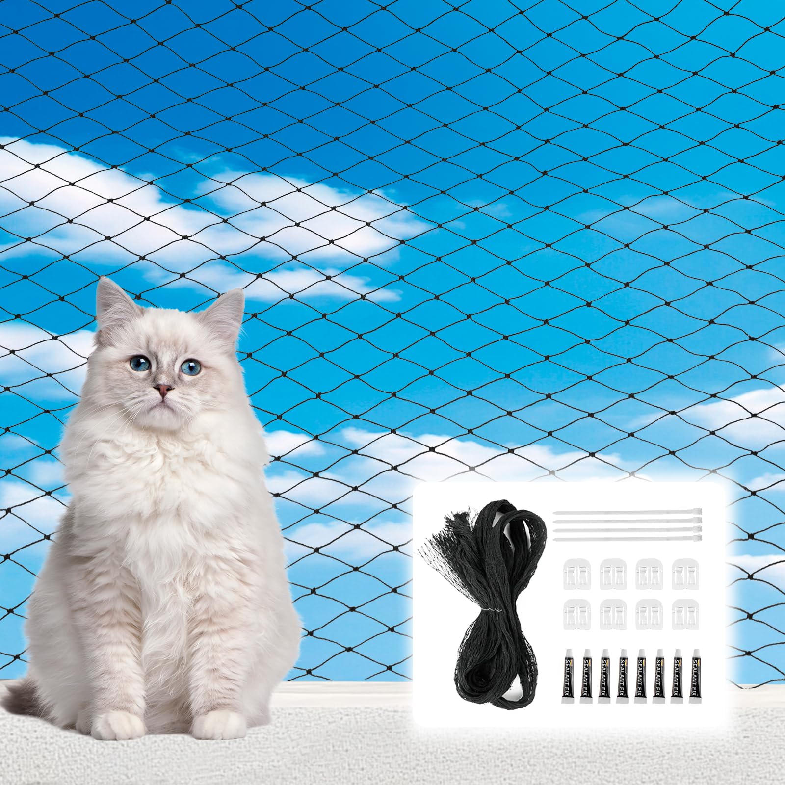 Filet pour chat pour balcon - Sans perçage - Crochet adhésif à encre - Colle en silicone et serre-câbles en nylon - 3 x 5 m - Renforce sans perçage et résistant aux intempéries - Facile à utiliser
