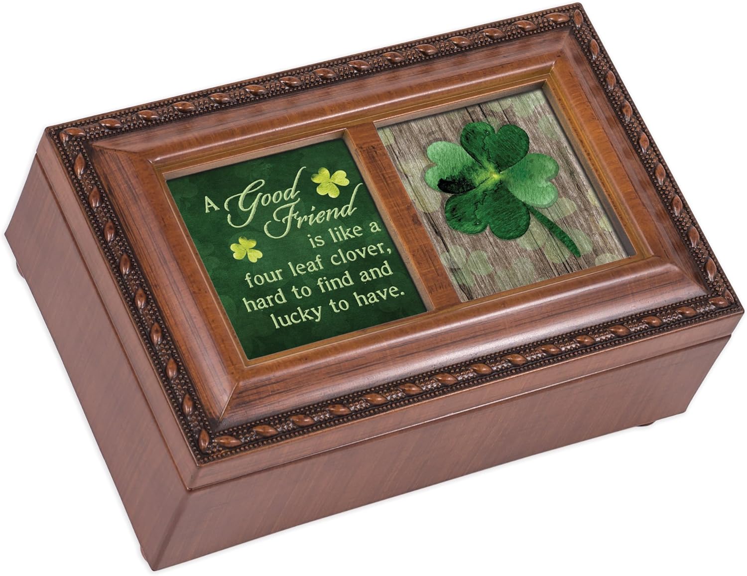 Cottage Garden Good Friend Four Leaf Clover Woodgrain Rope Trim Petite Music Box Plays Irish Lullaby