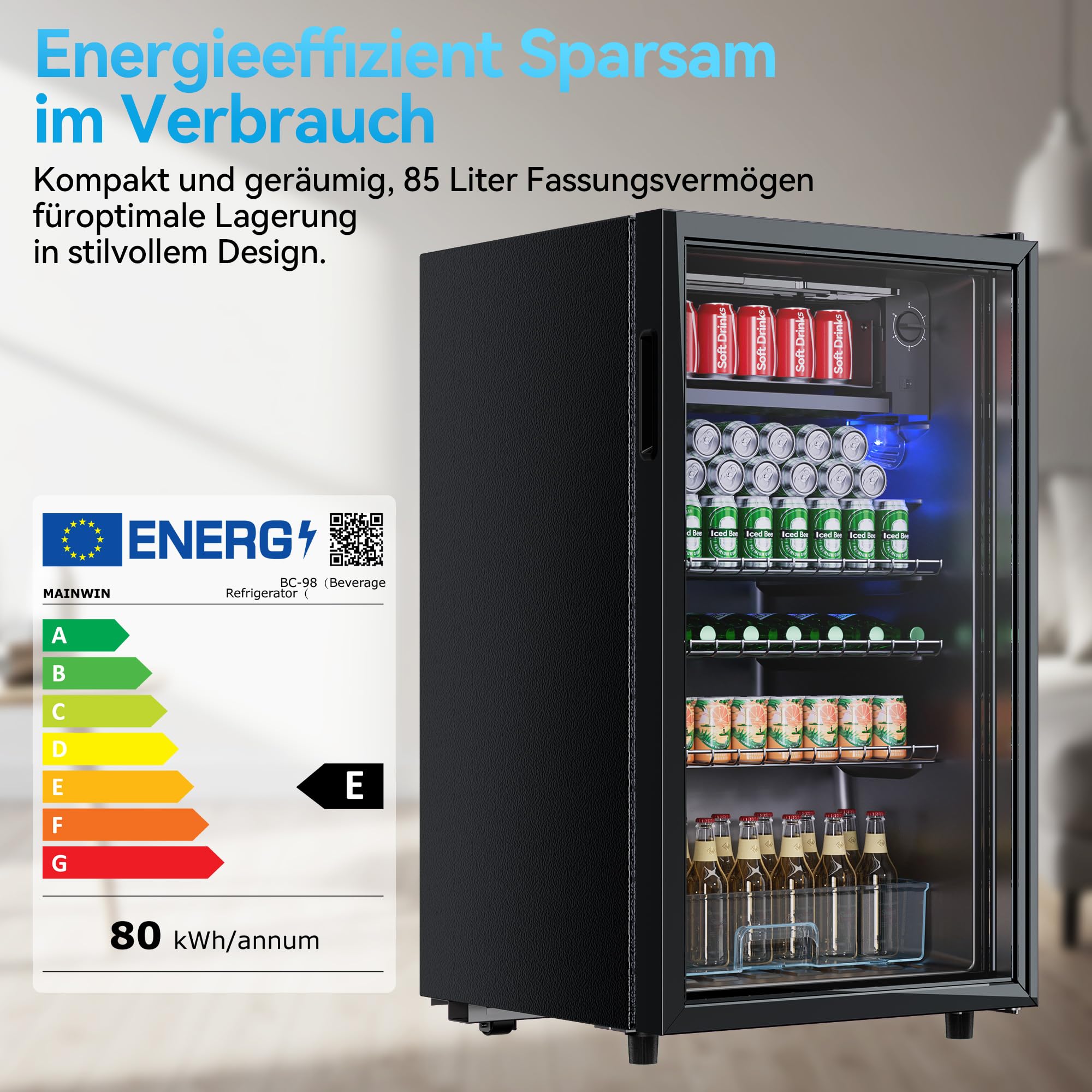 TRIUMPHKEY Nevera para Bebidas, Nevera Compacta de 85 Litros con Luces LED Azules, Nevera para Cerveza, Diseño de Puerta Completa de Cristal con 4 Estantes y Botelleros para Refrescos, Cerveza y Vino.