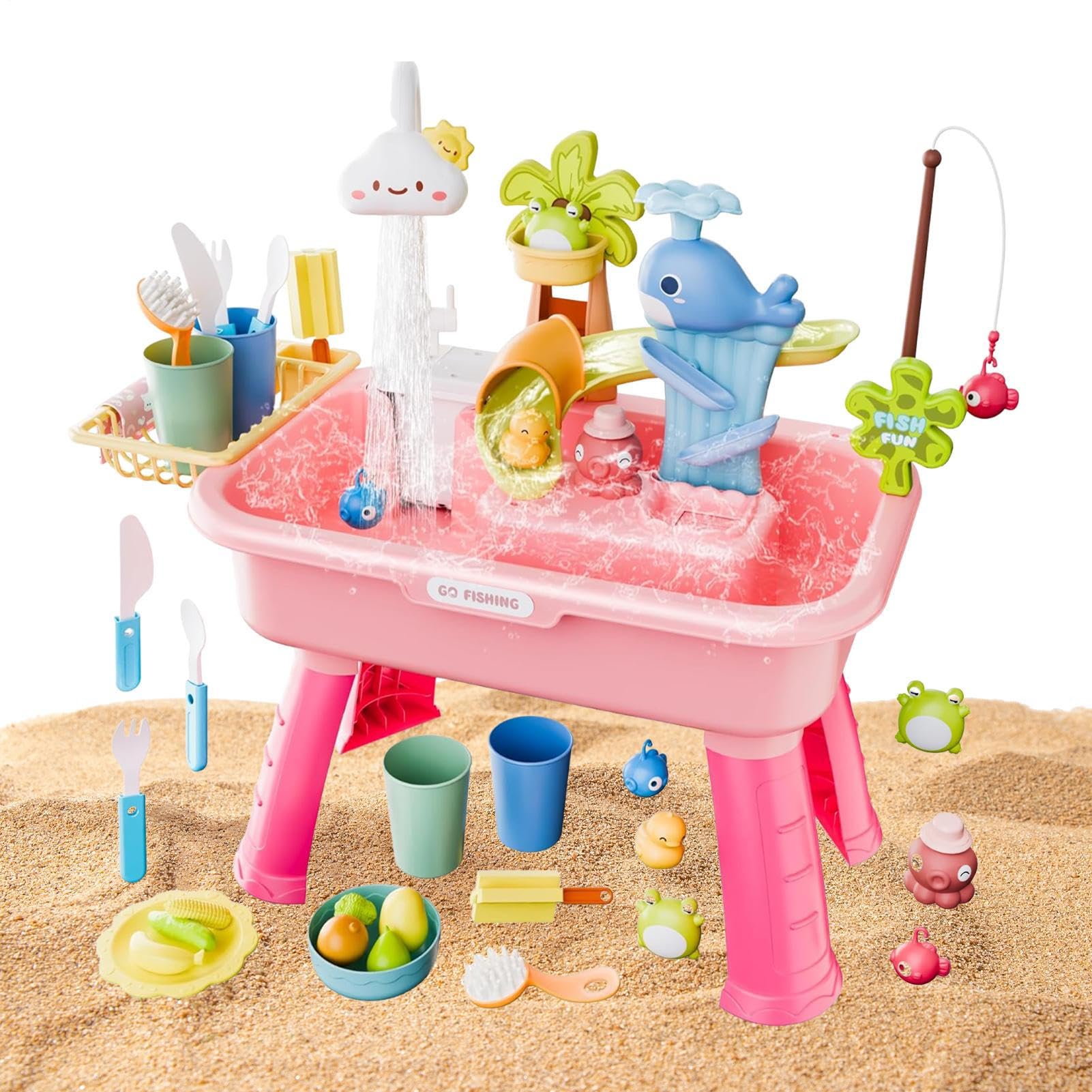 Wassertisch für Kinder im Freien, Spielzeug-Set, 4-in-1-Spüle, mit Wasser und Pumpe, für und Mädchen von 4 bis 8 Jahren, für Geburtstag, Sommer, im Freien und in der