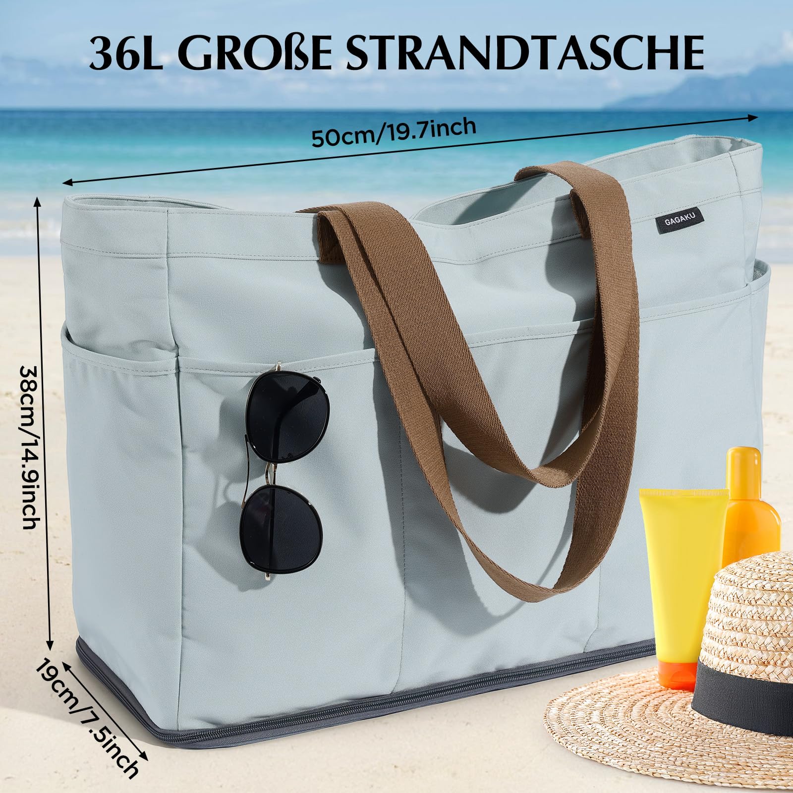 GAGAKU Strandtasche XXL mit Kühlfach, Wasserfest Beach Bag mit Reißverschluss, Faltbar, 50x38x19cm