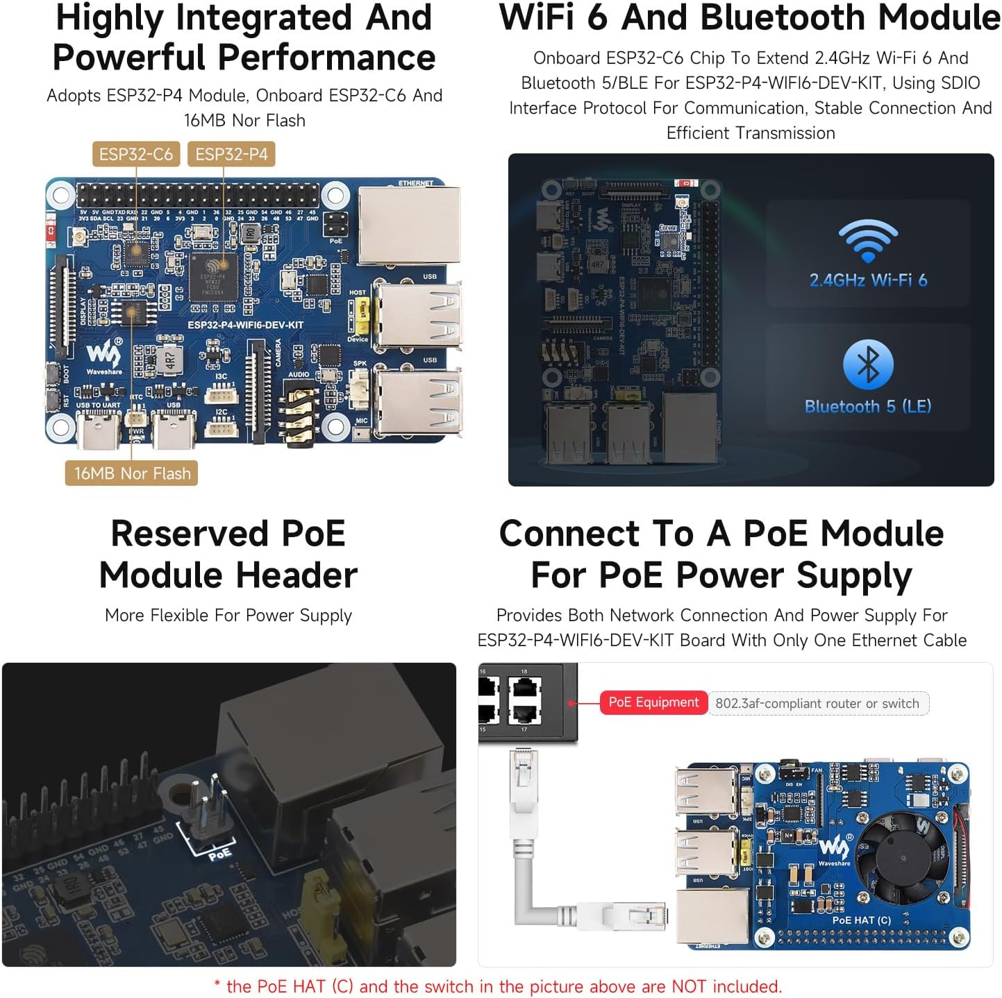 Waveshare ESP32-P4-WIFI6-DEV-KIT High-Performance Development Board, Based on ESP32-P4 & ESP32-C6, Supports Wi-Fi 6, Bluetooth 5 & BLE 5, Bundle with Board and Speaker