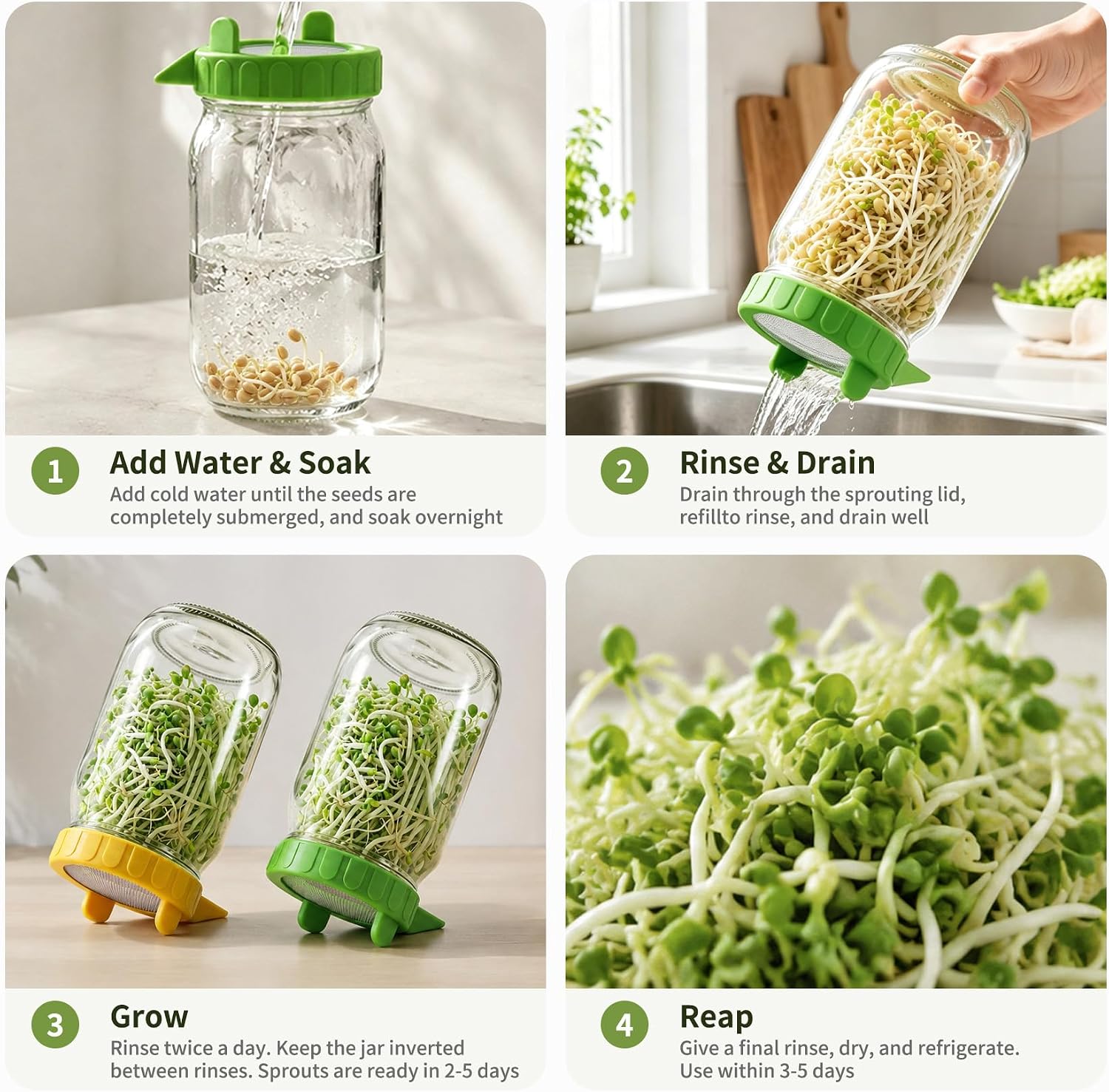Upgraded Sprouting Lids For Wide Mouth Mason Jars (Set Of 2), Green