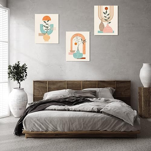 Miniatura 3 de Juego de 3 lienzos abstractos bohemios sin marco, 8 x 10 pulgadas, colores cálidos, jarrón geométrico abstracto, planta tropical, luna, sol,