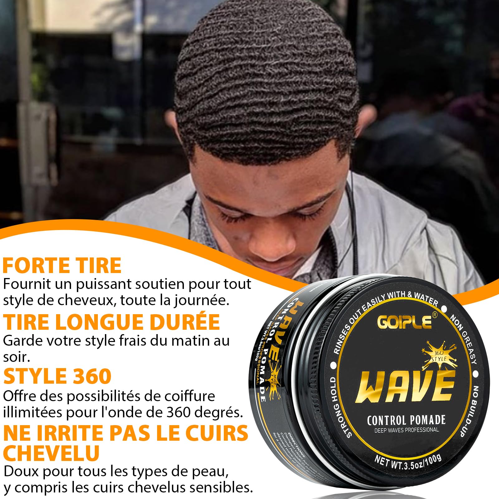 Pommade Wave pour hommes Strong Hold Easy Wash 360 Wave Training Hair Cream, Waves Grease pour hommes favorise les ondulations superposées, l'hydratation et la brillance soyeuse